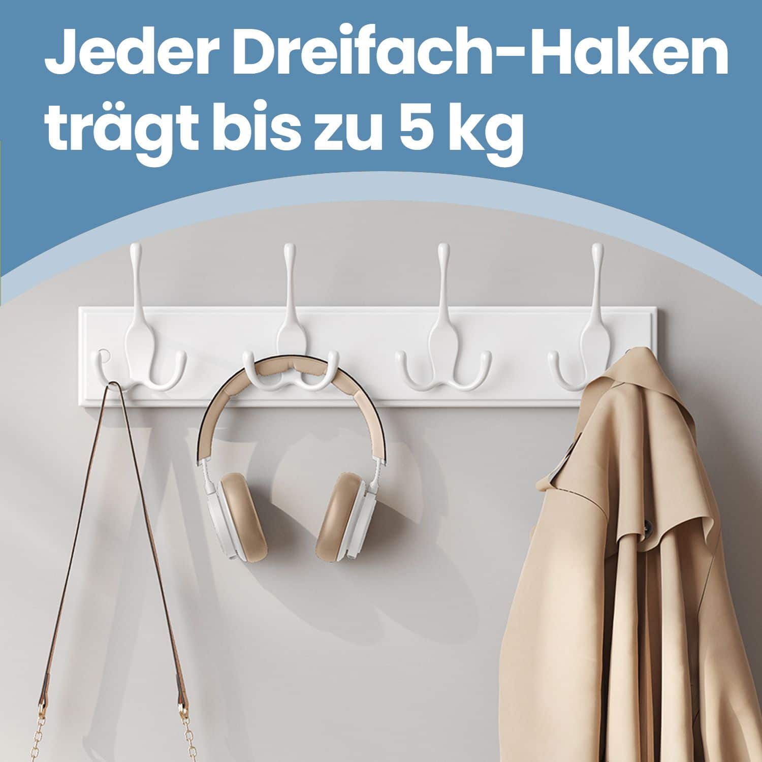 Wandgarderobe, Garderobenleiste, 4 Dreifach-Haken aus Metall
