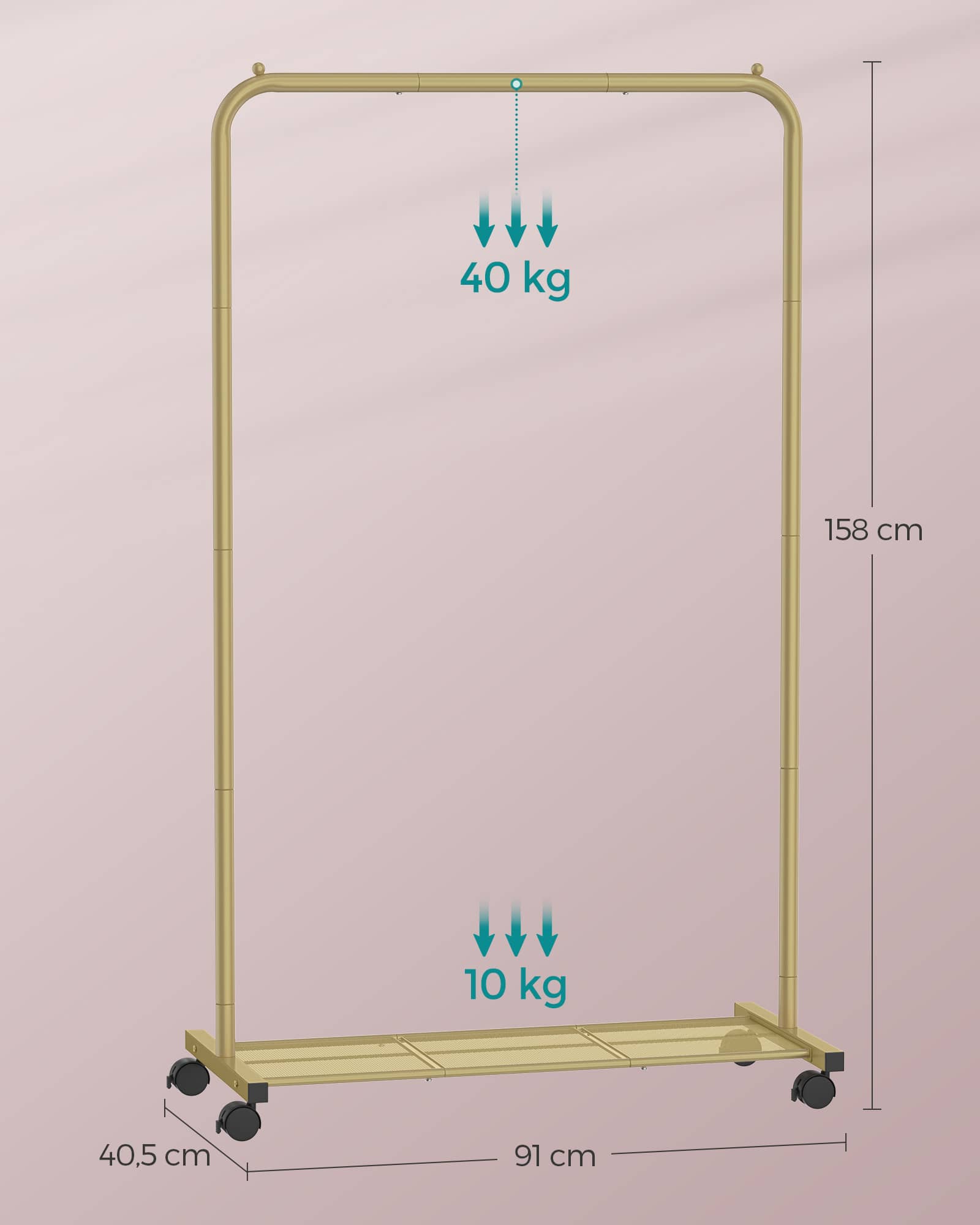 Kleiderstange auf Rollen mit Ablage goldfarben Kleiderstange auf Rollen mit Ablage goldfarben
