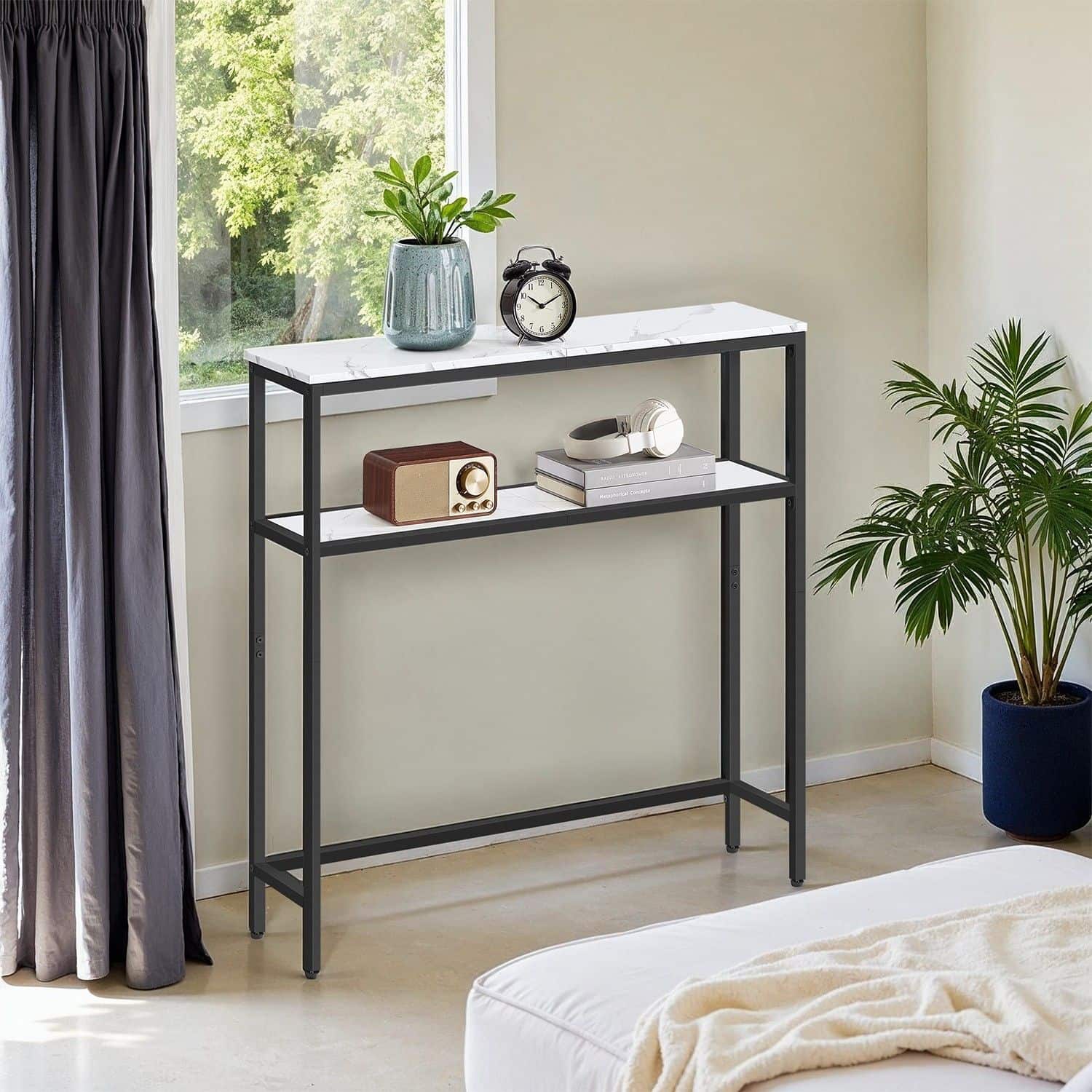 schmaler Sofatisch mit 2 Ablagen marmorweiß-tintenschwarz schmaler Sofatisch mit 2 Ablagen marmorweiß-tintenschwarz