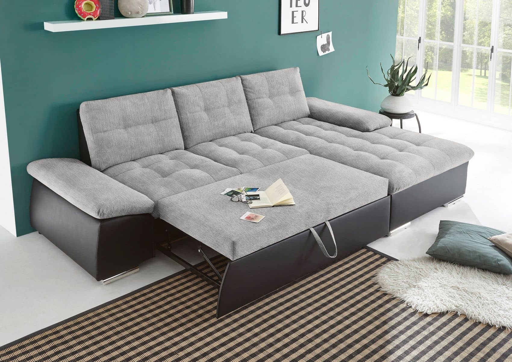 Ecksofa Jakarta Schwarz | Silber – Modernes Sofa mit Schlaffunktion & verstellbaren Armlehnen