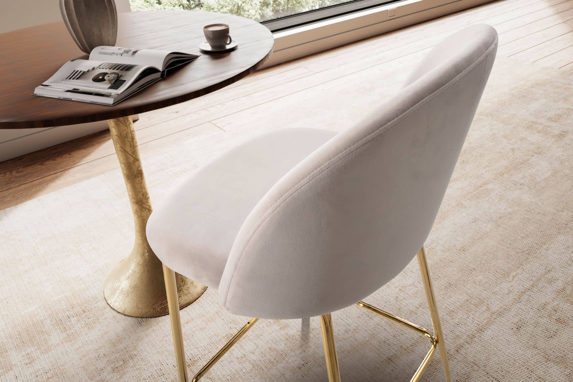2er Set Barhocker Samt Beige Hocker mit Lehne & goldenen Beinen 2er Set Barhocker Samt Beige Hocker mit Lehne & goldenen Beinen