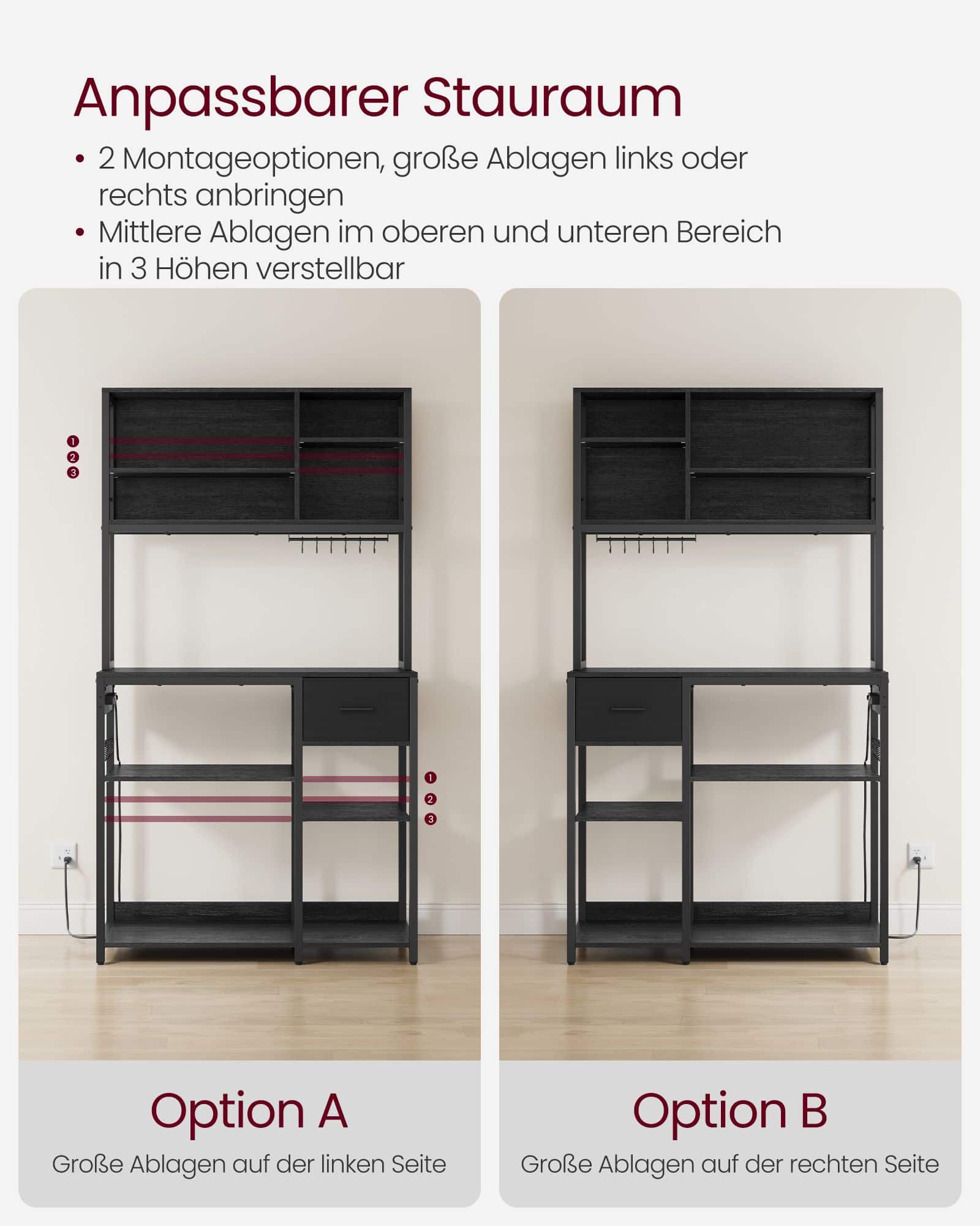 VASAGLE Küchenregal mit Steckdosen & Stoffschublade