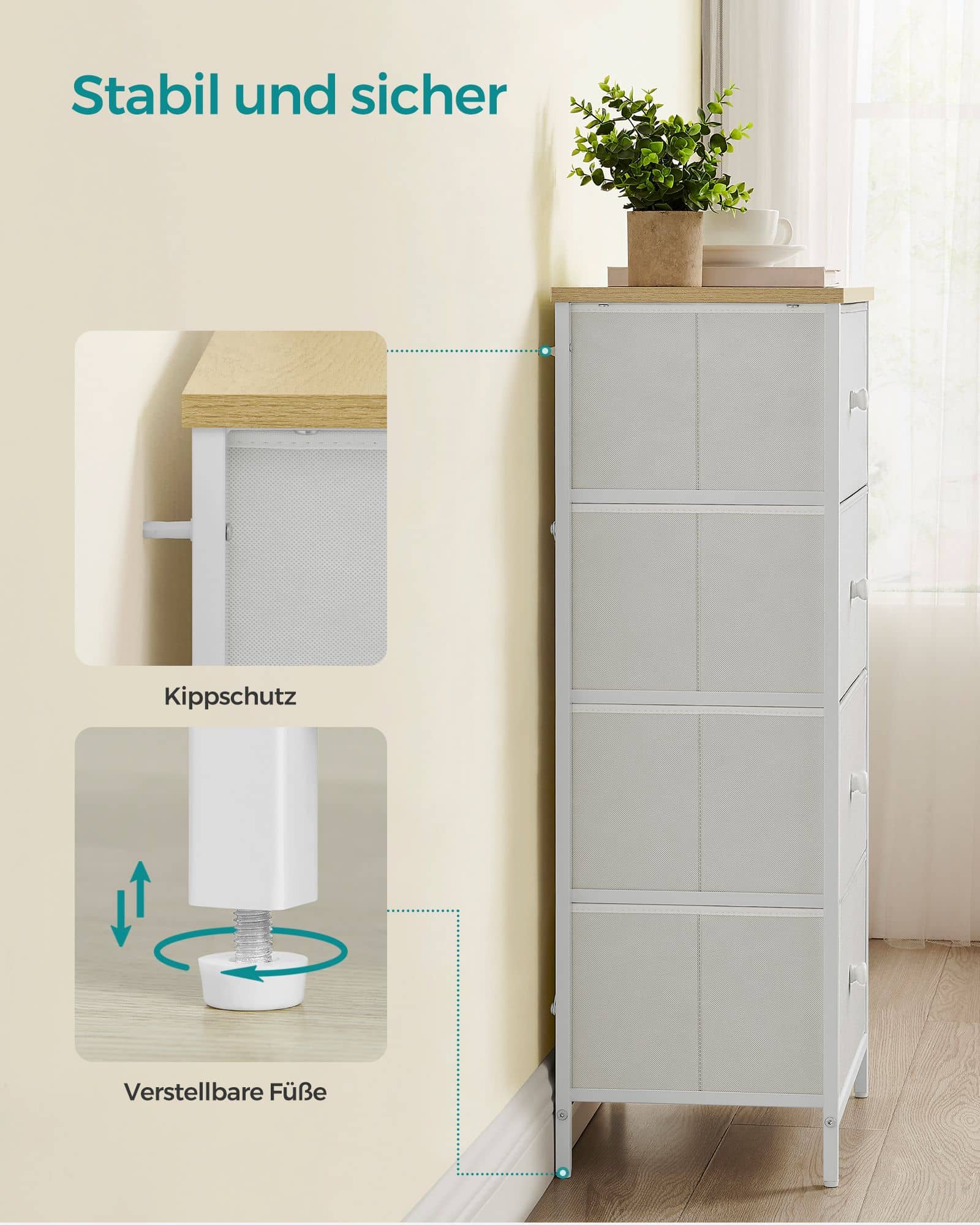 Kommode mit 4 Stoff-Schubladen und Metallrahmen weiß-eichenfarben Kommode mit 4 Stoff-Schubladen und Metallrahmen weiß-eichenfarben