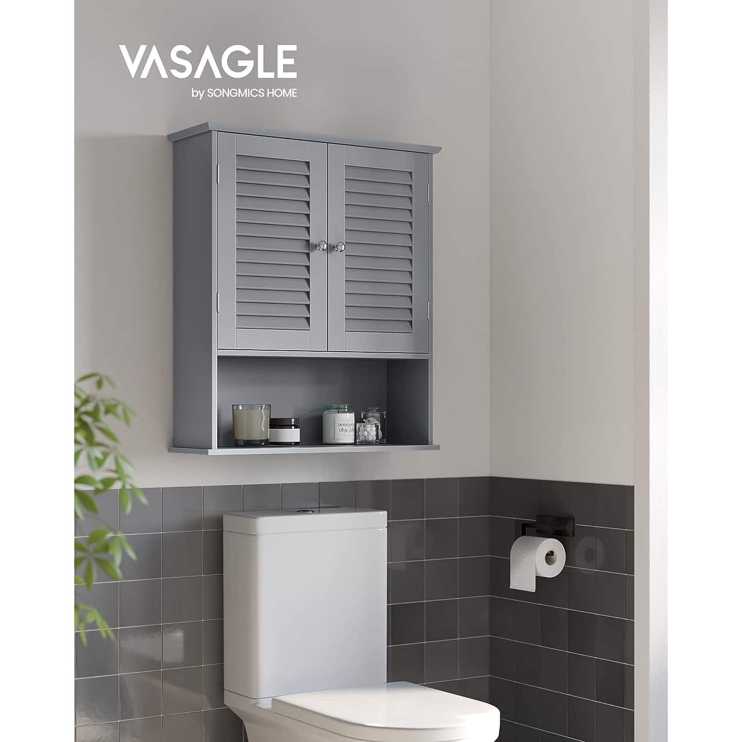 Badezimmerschrank mit verstellbarem Einlegeboden und Lamellentüren Badezimmerschrank mit verstellbarem Einlegeboden und Lamellentüren
