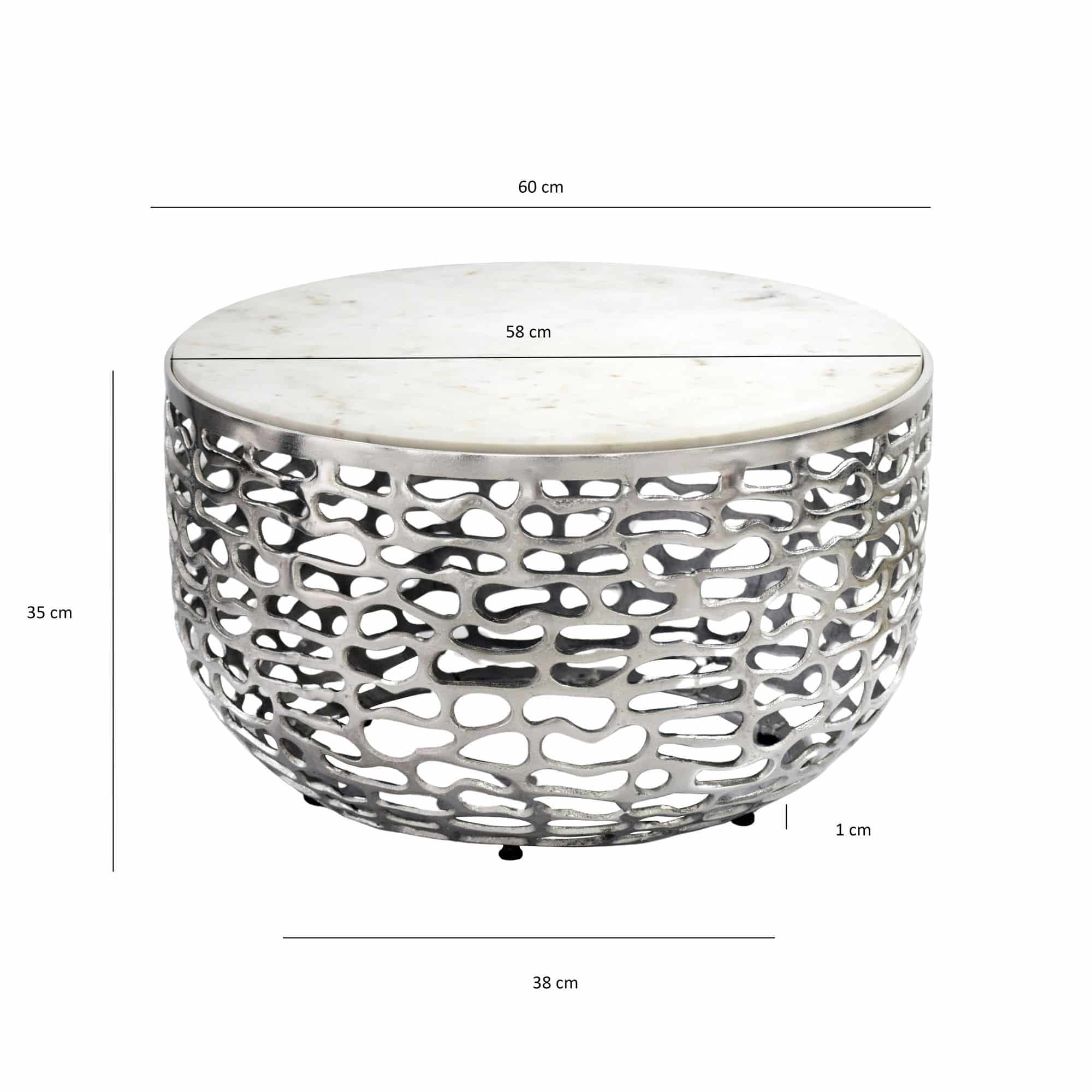 Design Metall Couchtisch Silber mit weißer Marmor Tischplatte 60 cm rund - Aluminium Wohnzimmertisch Modern - Loungetisch Alu Beistelltisch Wohnzimmer Handmade