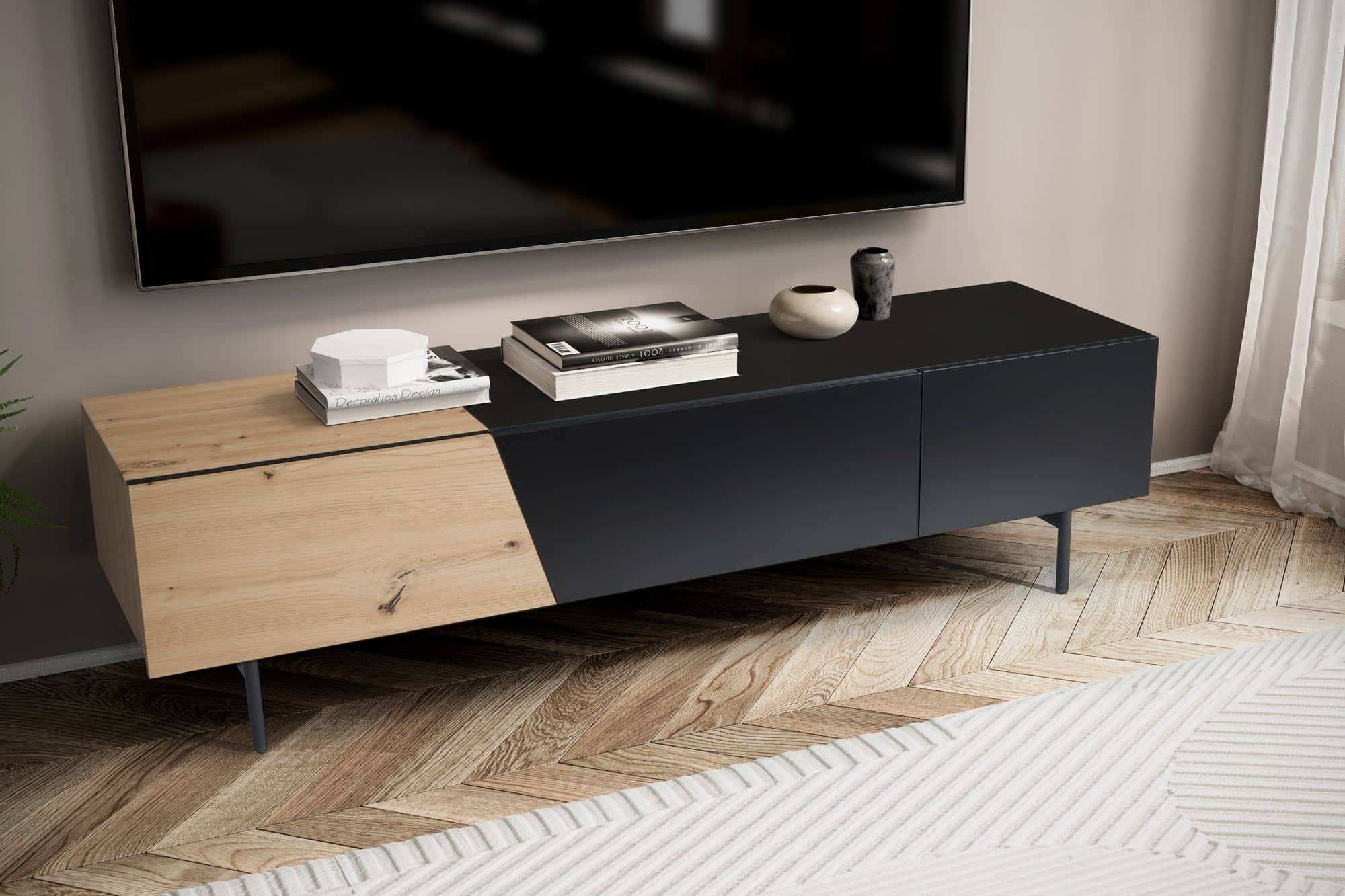 Lowboard Schwarz mit Eiche-Dekor 150x40x40 cm TV-Kommode Modern Lowboard Schwarz mit Eiche-Dekor 150x40x40 cm TV-Kommode Modern