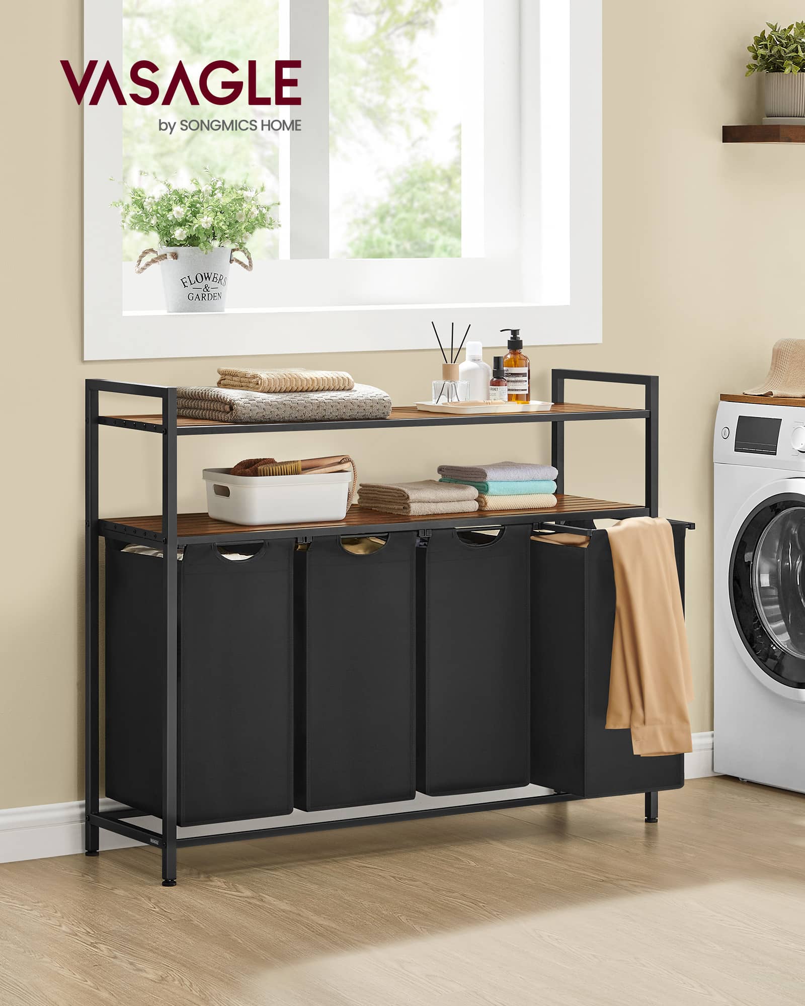 Wäschekorb 4 Fächer mit 2 Ablagen vintagebraun-schwarz Wäschekorb 4 Fächer mit 2 Ablagen vintagebraun-schwarz