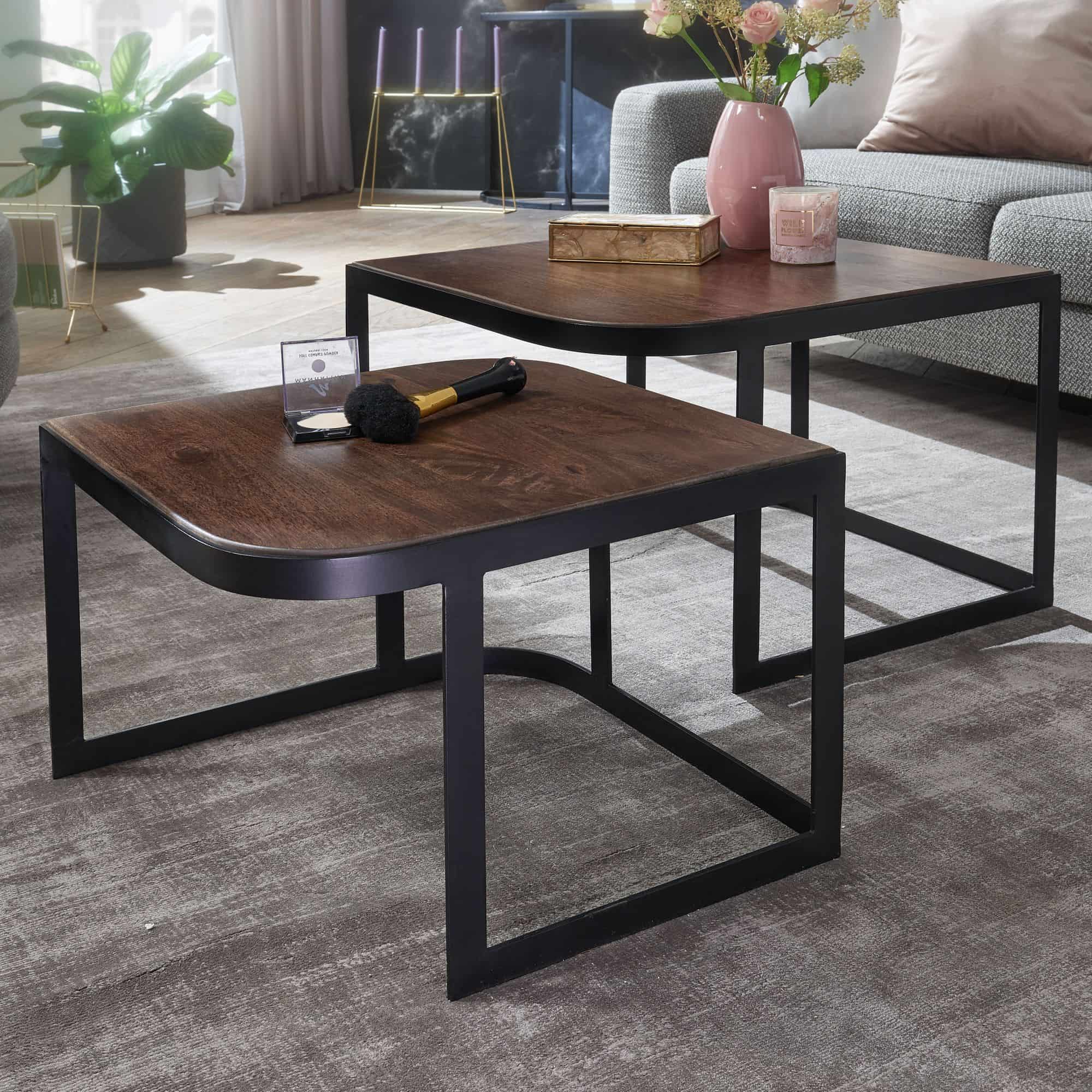 58425-WOHNLING-Beistelltisch-2er-Set-Mango-Dunkel-WL6-341-WL6-341_4 Couchtisch-Set Mango 2er Dunkel – Massivholz & Metall Ø 60/50 cm