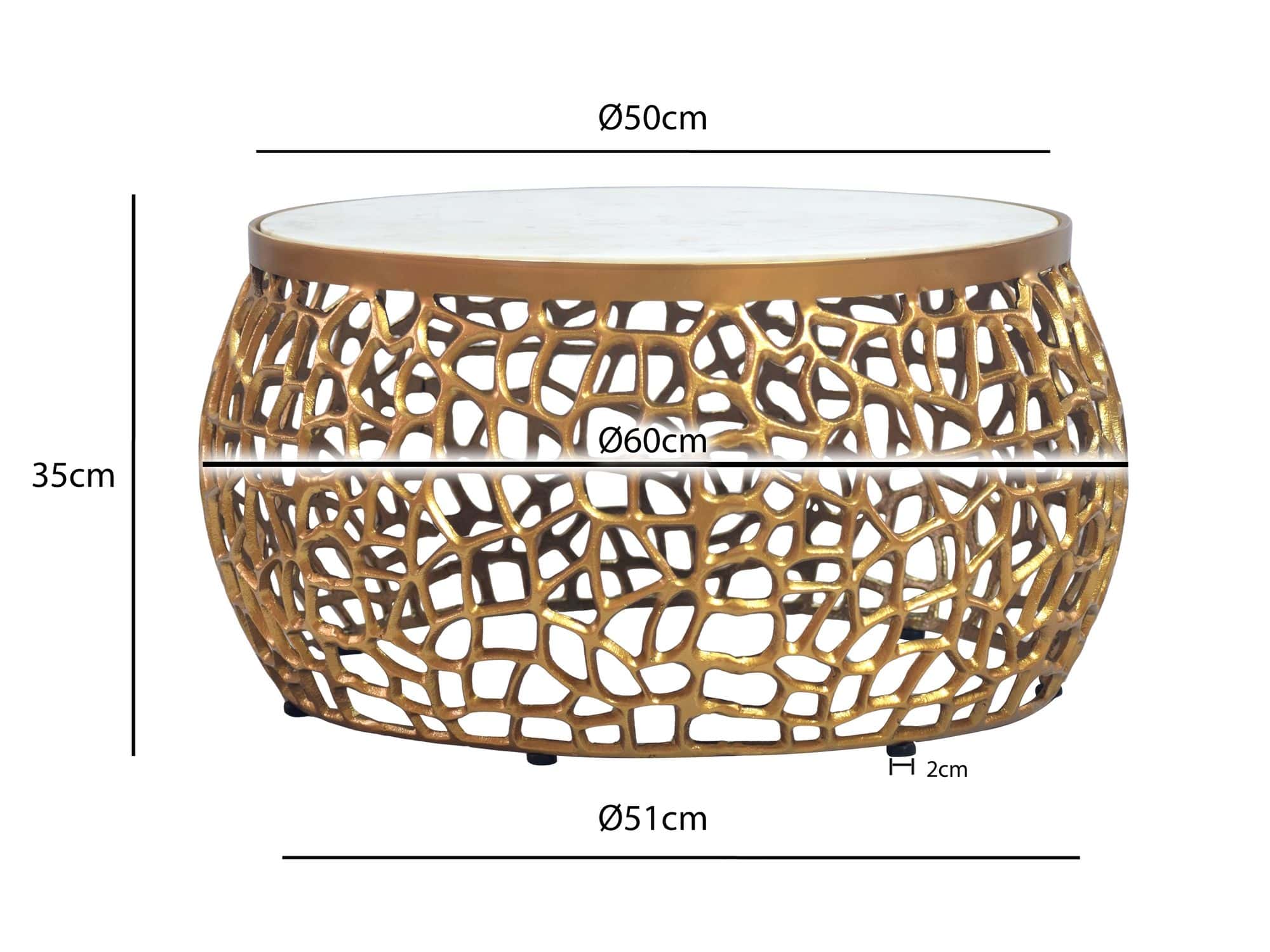 Design Metall Couchtisch Gold mit weißer Marmor Tischplatte 60 cm rund - Aluminium Wohnzimmertisch Modern - Loungetisch Alu Beistelltisch Wohnzimmer Handmade
