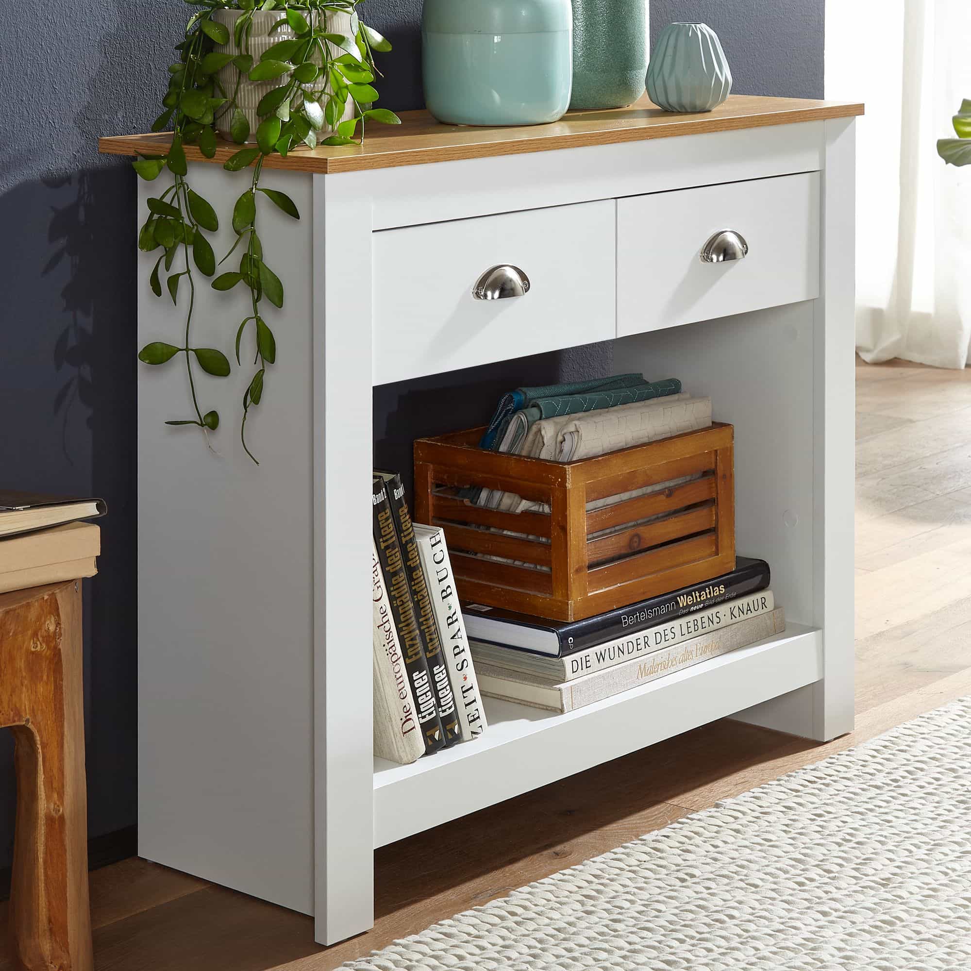 Konsolentisch 85x35x76 cm Weiß / Eiche Design Anrichte Modern Schmal Konsolentisch 85x35x76 cm Weiß / Eiche Design Anrichte Modern Schmal