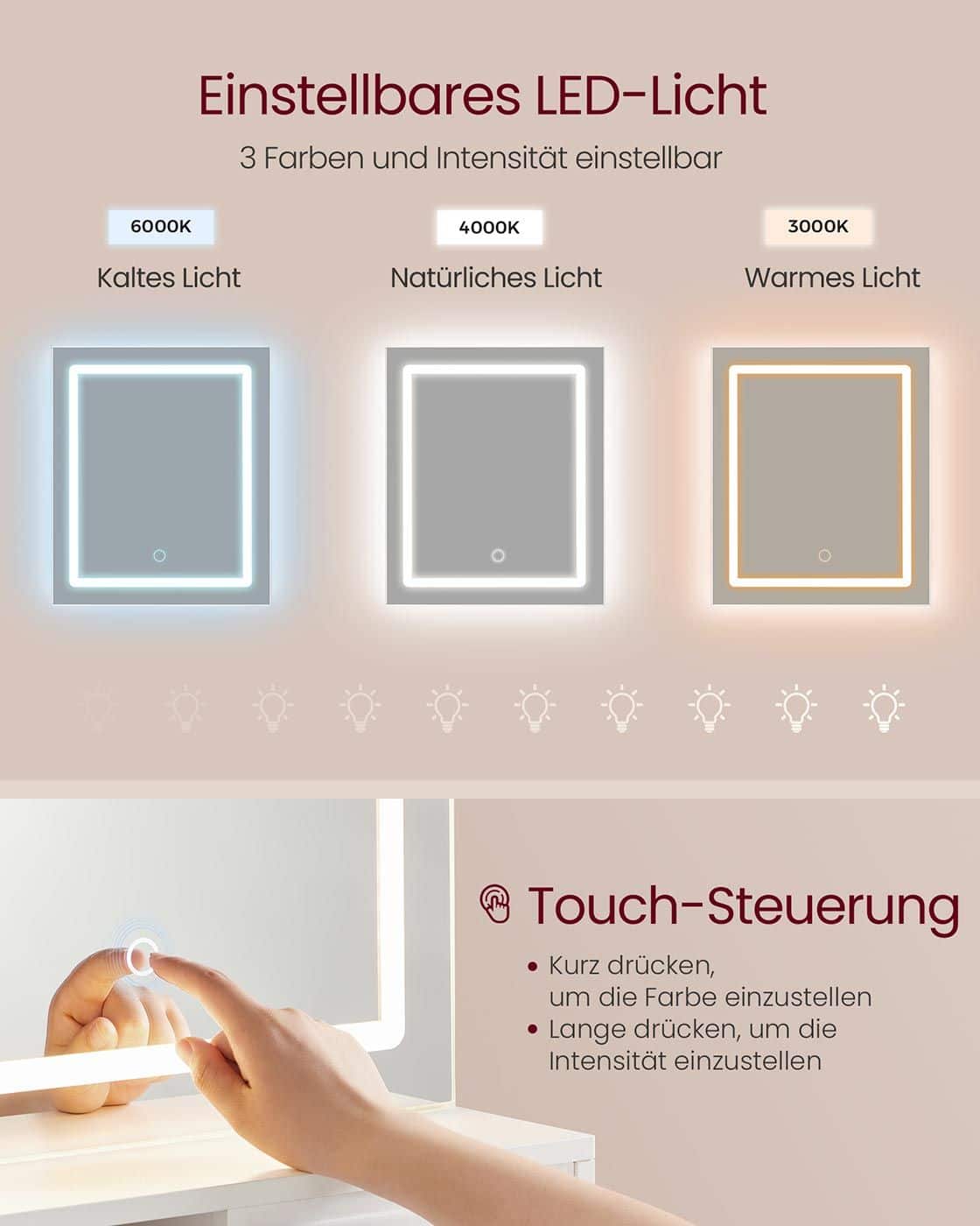 Kailyn Kollektion - Schminktisch mit LED-Spiegel Schublade und offenen Ablagen Kailyn Kollektion - Schminktisch mit LED-Spiegel Schublade und offenen Ablagen