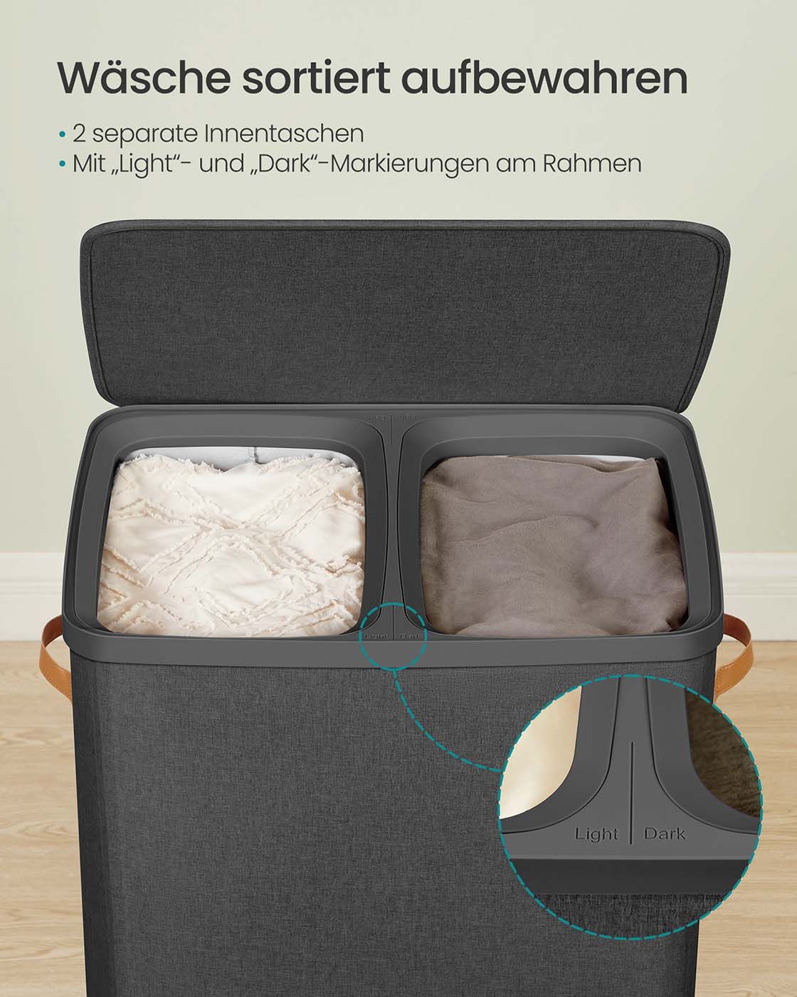 Wäschekorb 170 L mit 2 Fächern 56 x 40 x 75 cm tintenschwarz