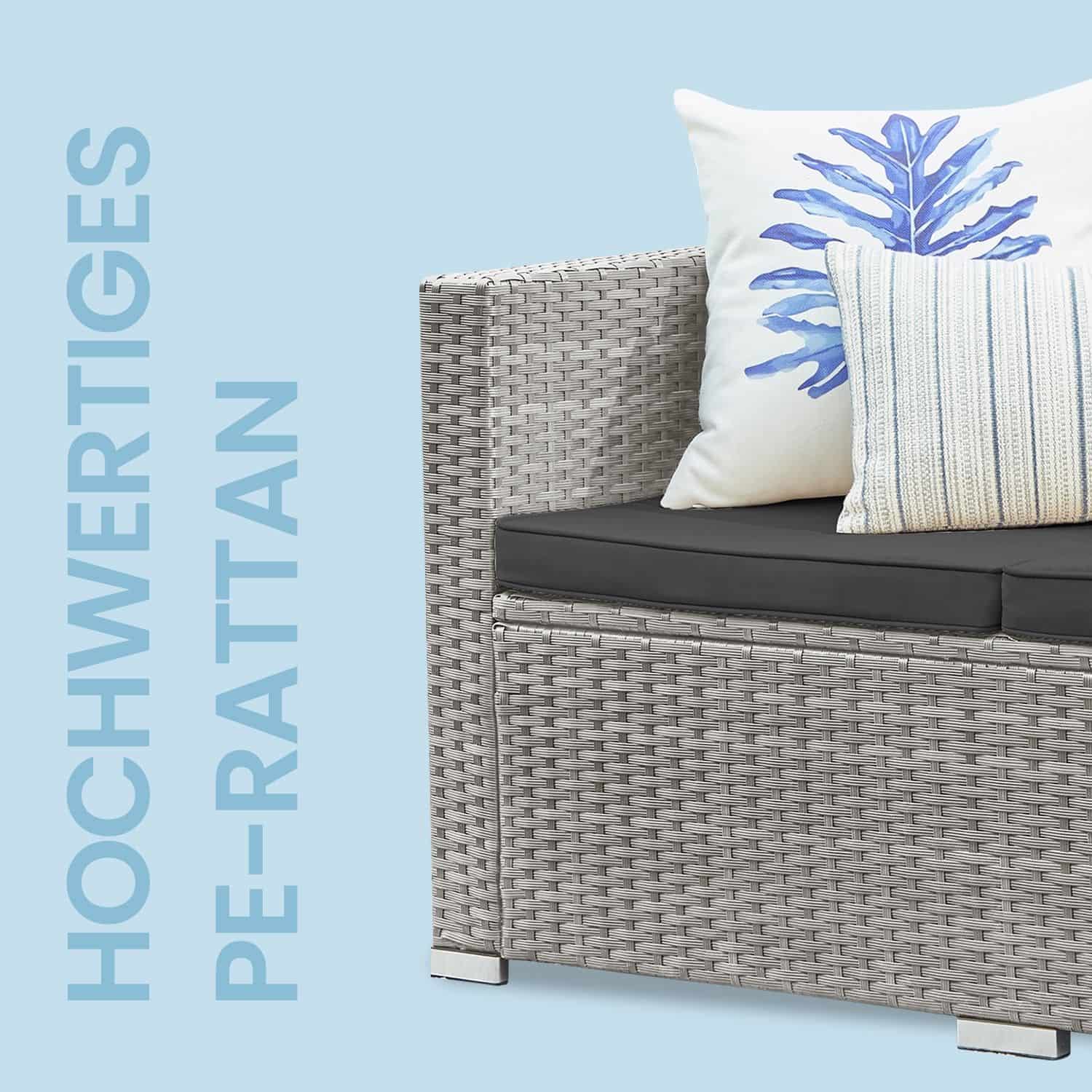 Gartenmöbel-Set, Terrassenmöbel aus PE-Polyrattan, Balkonmöbel mit Kissen und Glastisch Gartenmöbel-Set, Terrassenmöbel aus PE-Polyrattan, Balkonmöbel mit Kissen und Glastisch