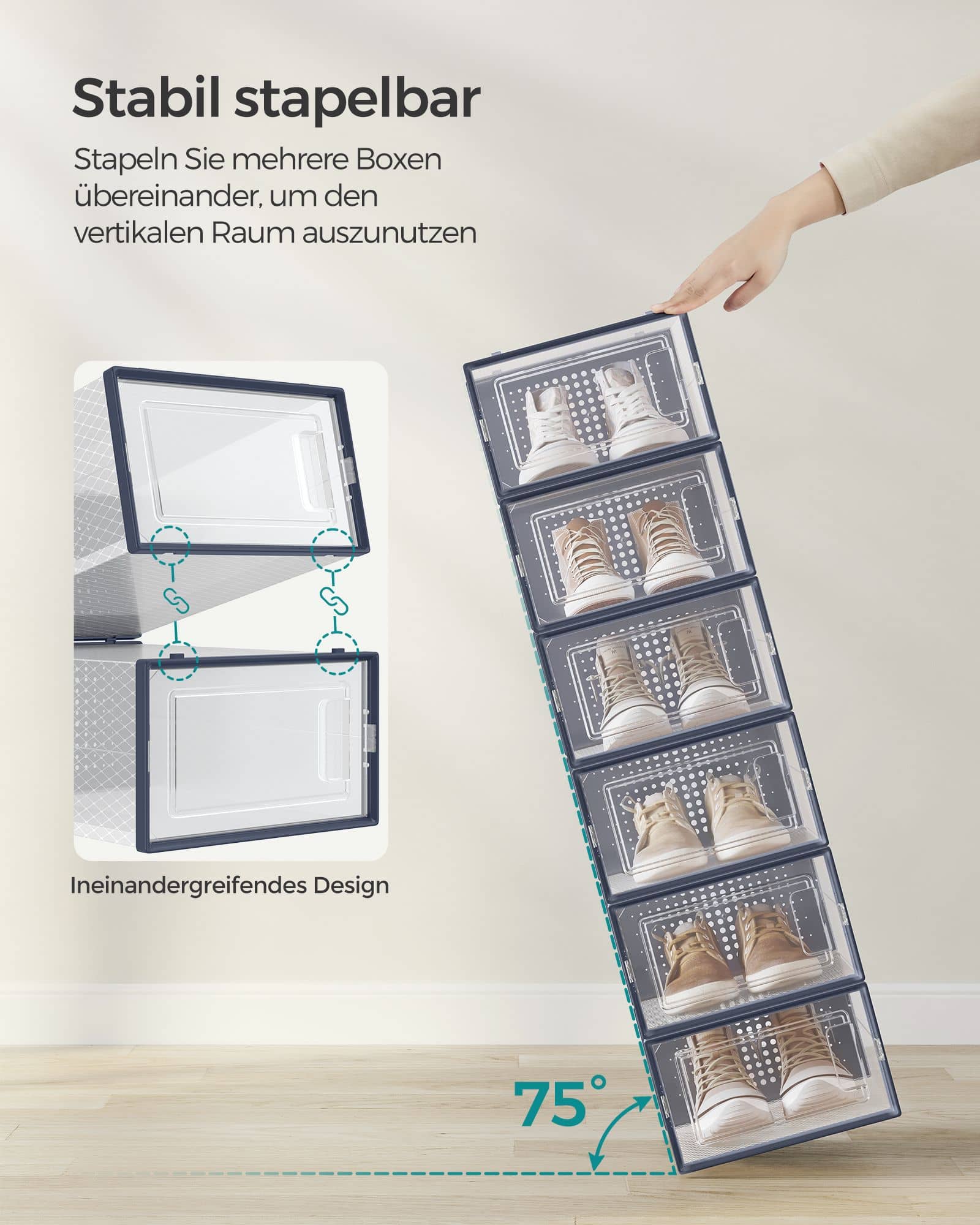 Schuhboxen 18er Set faltbar und stapelbar transparent-anthrazitblau