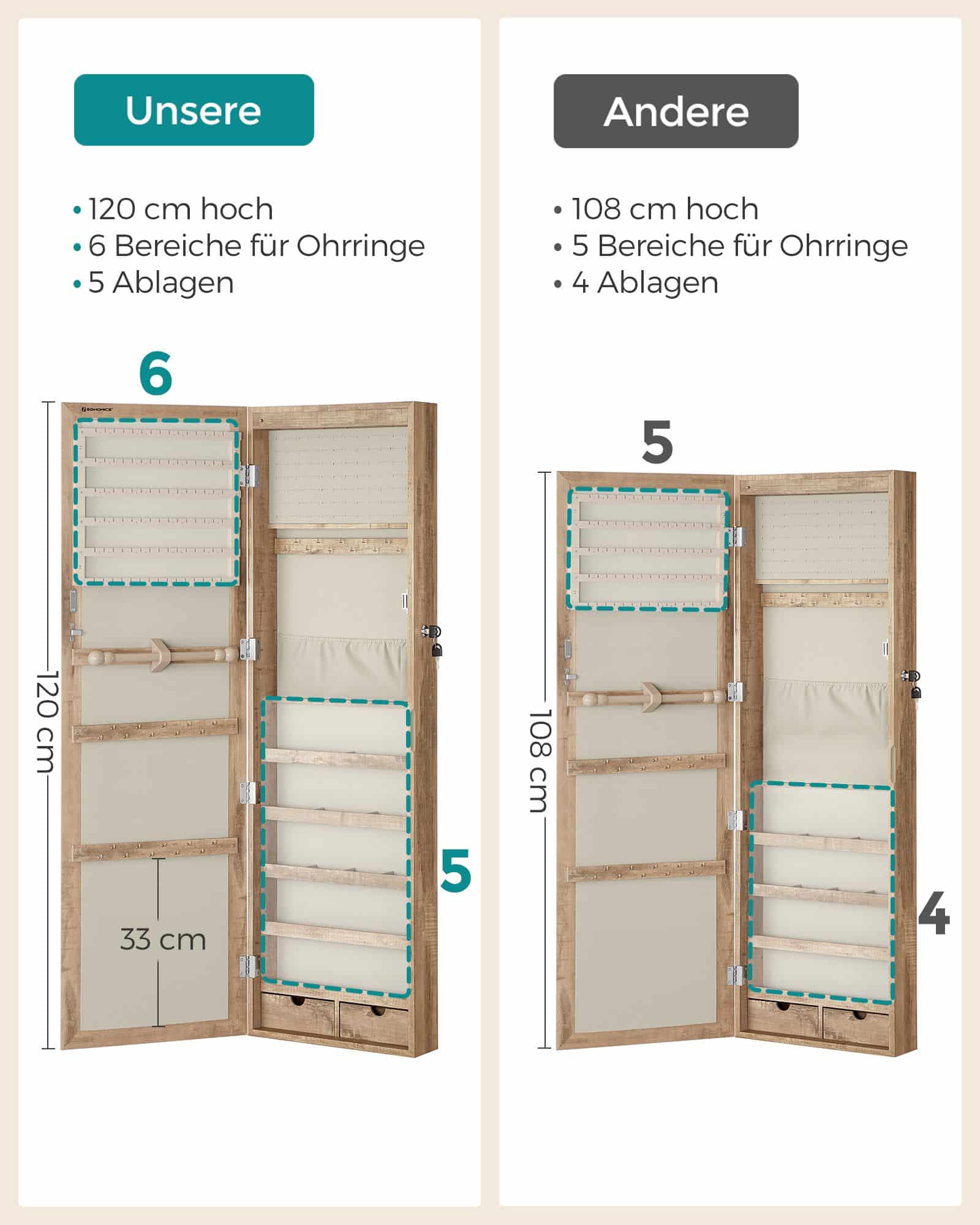 Schmuckschrank 120 cm hoch mit beleuchtetem Innenspiegel eichenbraun Schmuckschrank 120 cm hoch mit beleuchtetem Innenspiegel eichenbraun