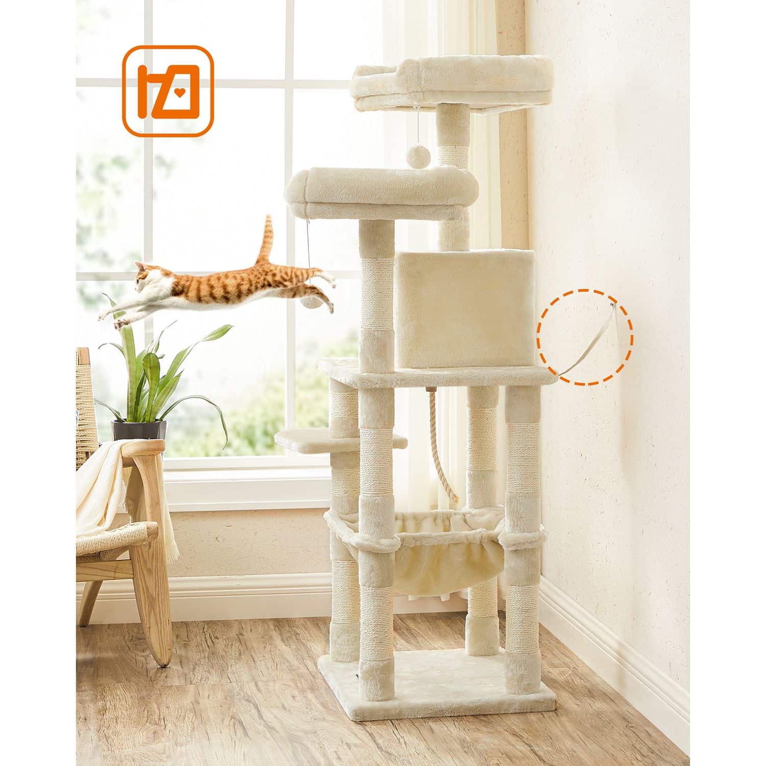 Kratzbaum mit Hängematte 143 cm Beige-B34PCT15BE Kratzbaum mit Hängematte 143 cm Beige-B34PCT15BE
