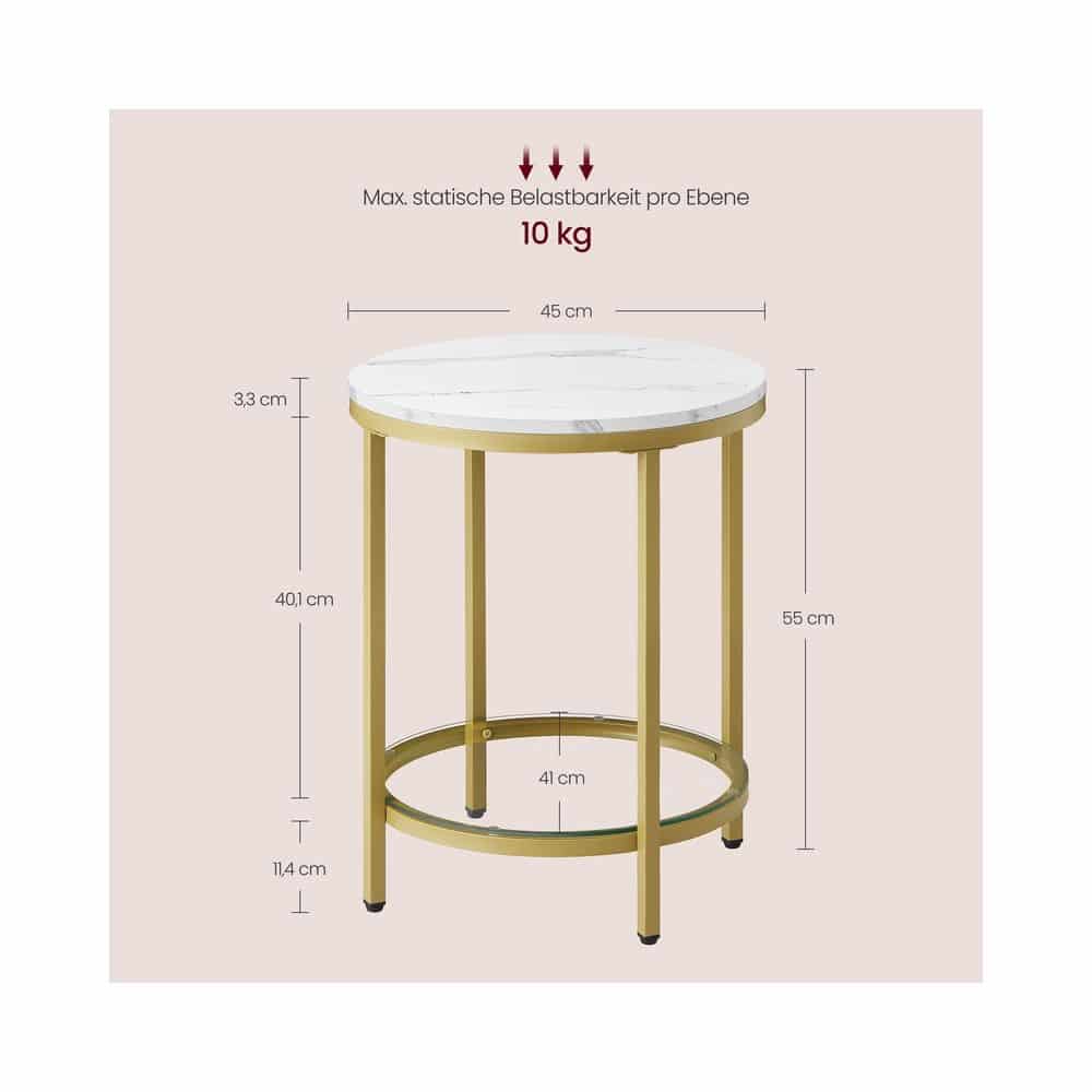 Beistelltisch 2 Ebenen in weißer Marmoroptik mit schwarzem Gestell Marmorweiß-Helles Gold