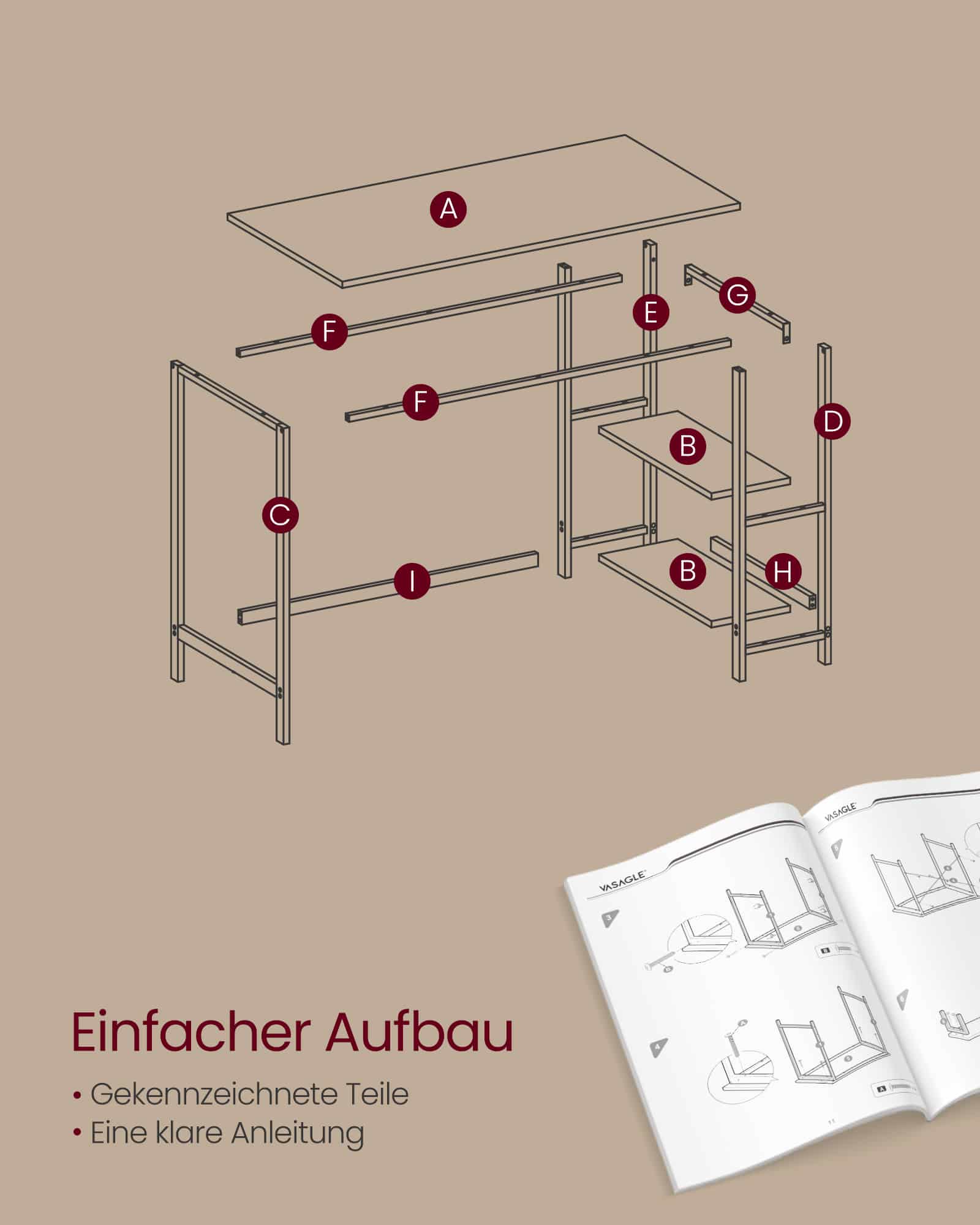 Schreibtisch mit 2 Ablagen und Stahlgestell ebenholzschwarz