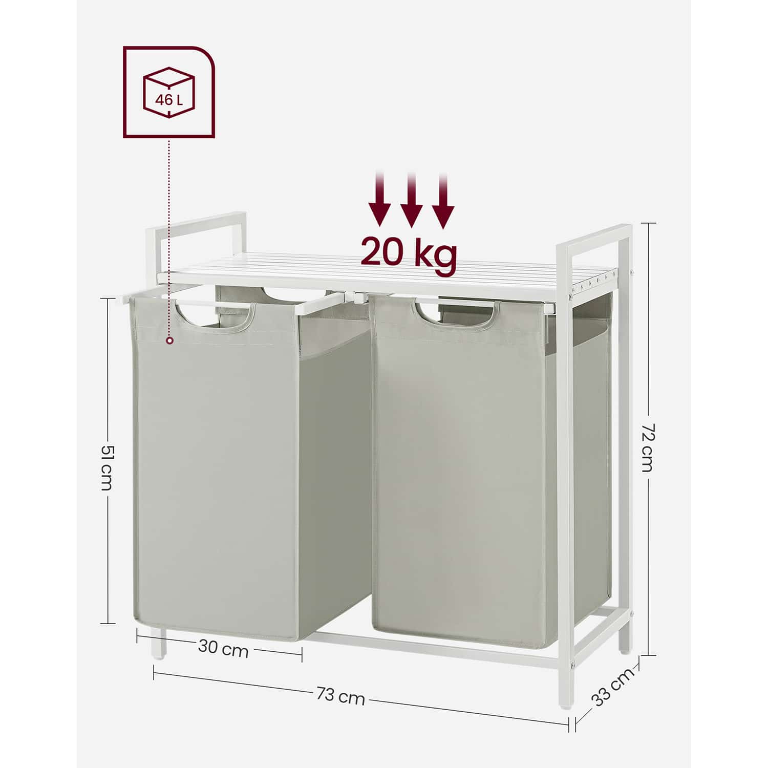 Wäschekorb 2 x 46 L mit 1 Ablage weiß-B34BLH201W01 Wäschekorb 2 x 46 L mit 1 Ablage weiß-B34BLH201W01
