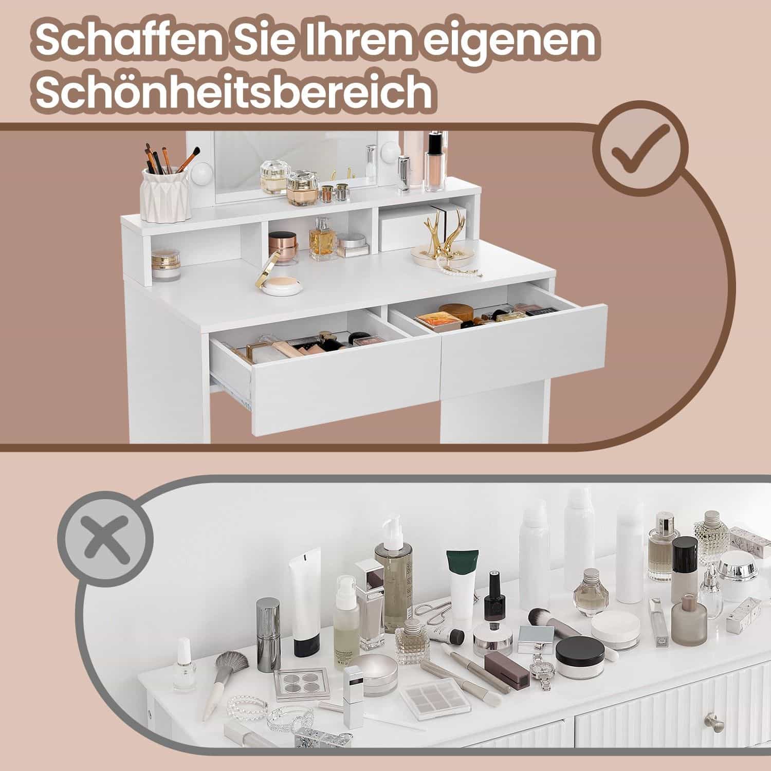 Schminktisch mit LED-Beleuchtung, Frisiertisch mit Spiegel, 2 Schubladen und 3 offenen Fächern