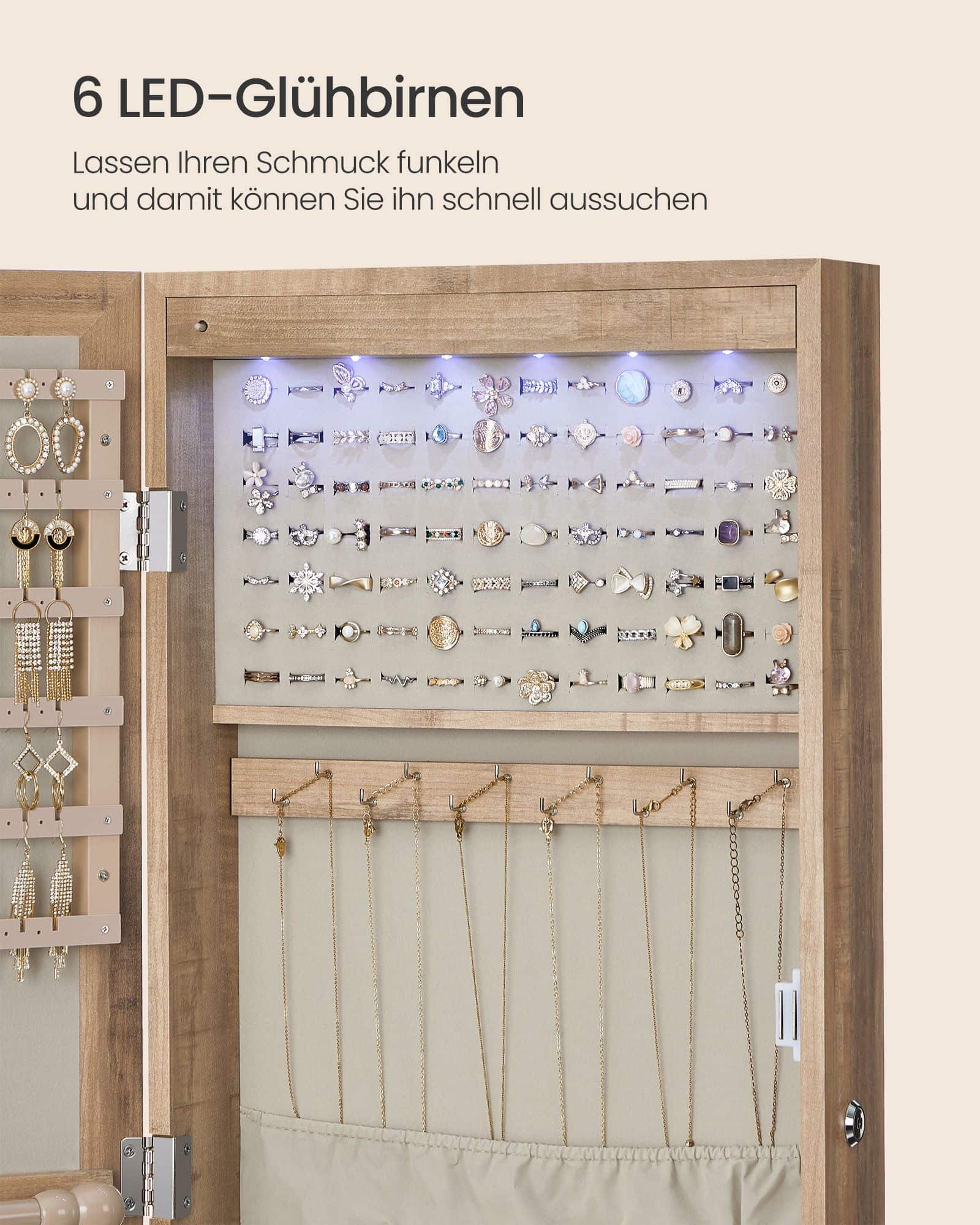 Schmuckschrank 120 cm hoch mit beleuchtetem Innenspiegel eichenbraun Schmuckschrank 120 cm hoch mit beleuchtetem Innenspiegel eichenbraun