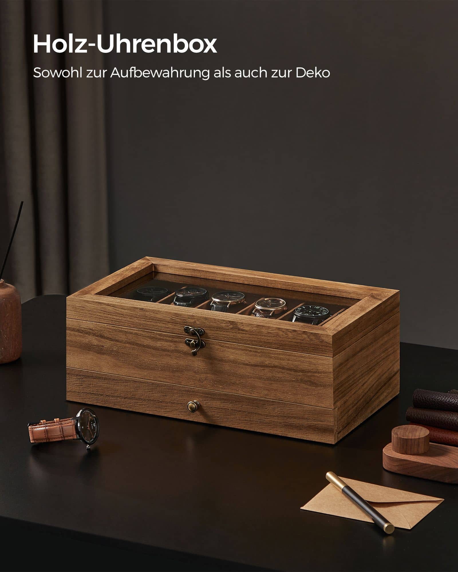 Uhrenbox mit 12 Fächern aus Massivholz walnussfarben Uhrenbox mit 12 Fächern aus Massivholz walnussfarben