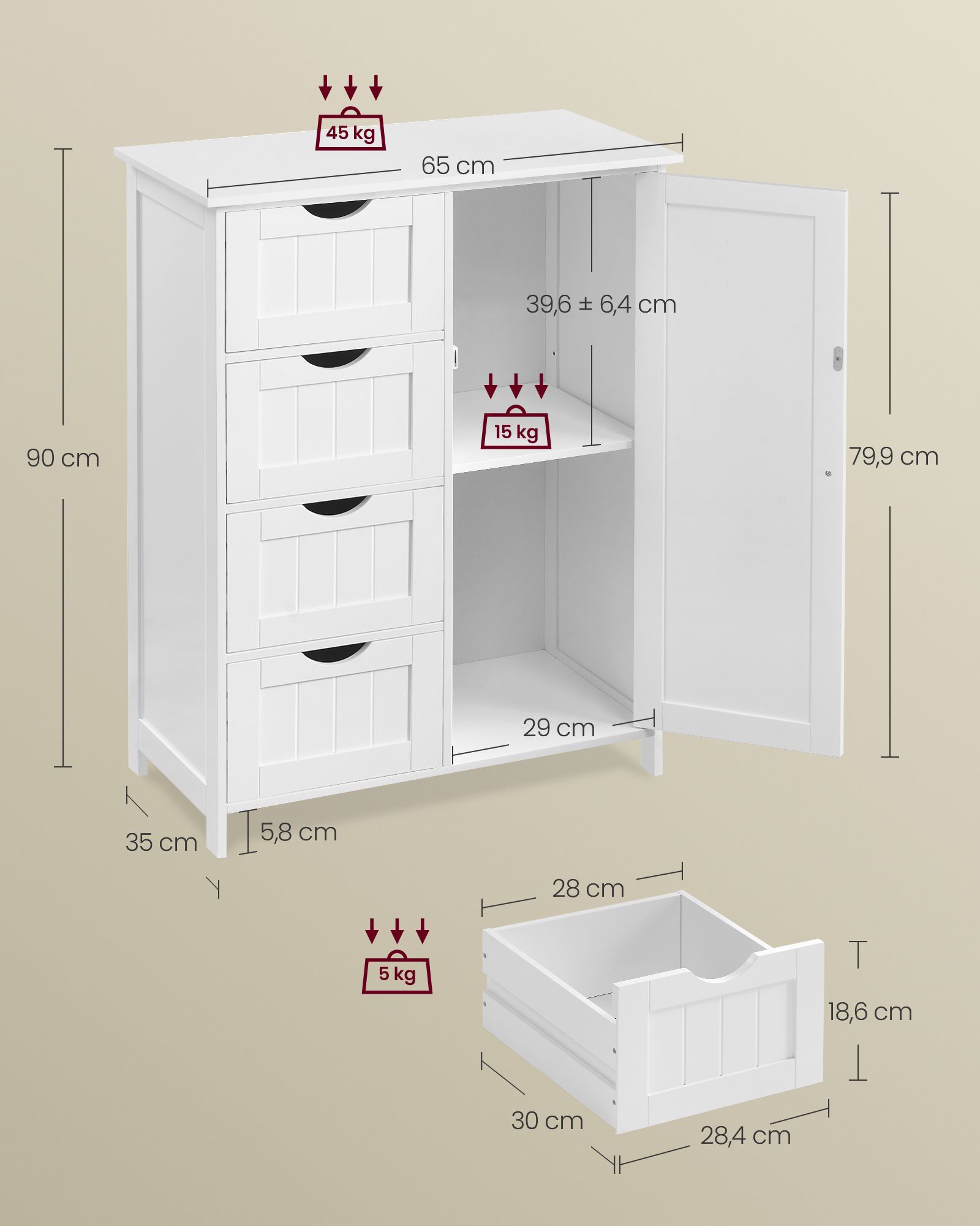 Schmaler Badschrank mit 4 Schubladen wolkenweiß Schmaler Badschrank mit 4 Schubladen wolkenweiß