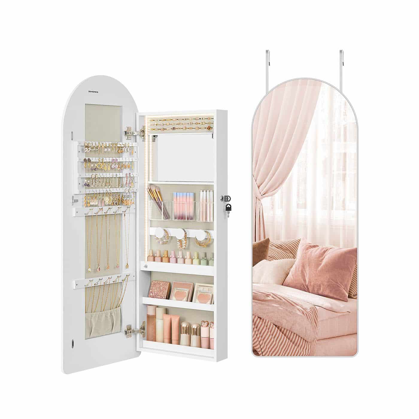Schmuckschrank mit LED-Beleuchtung und Innenspiegel wolkenweiß Schmuckschrank mit LED-Beleuchtung und Innenspiegel wolkenweiß