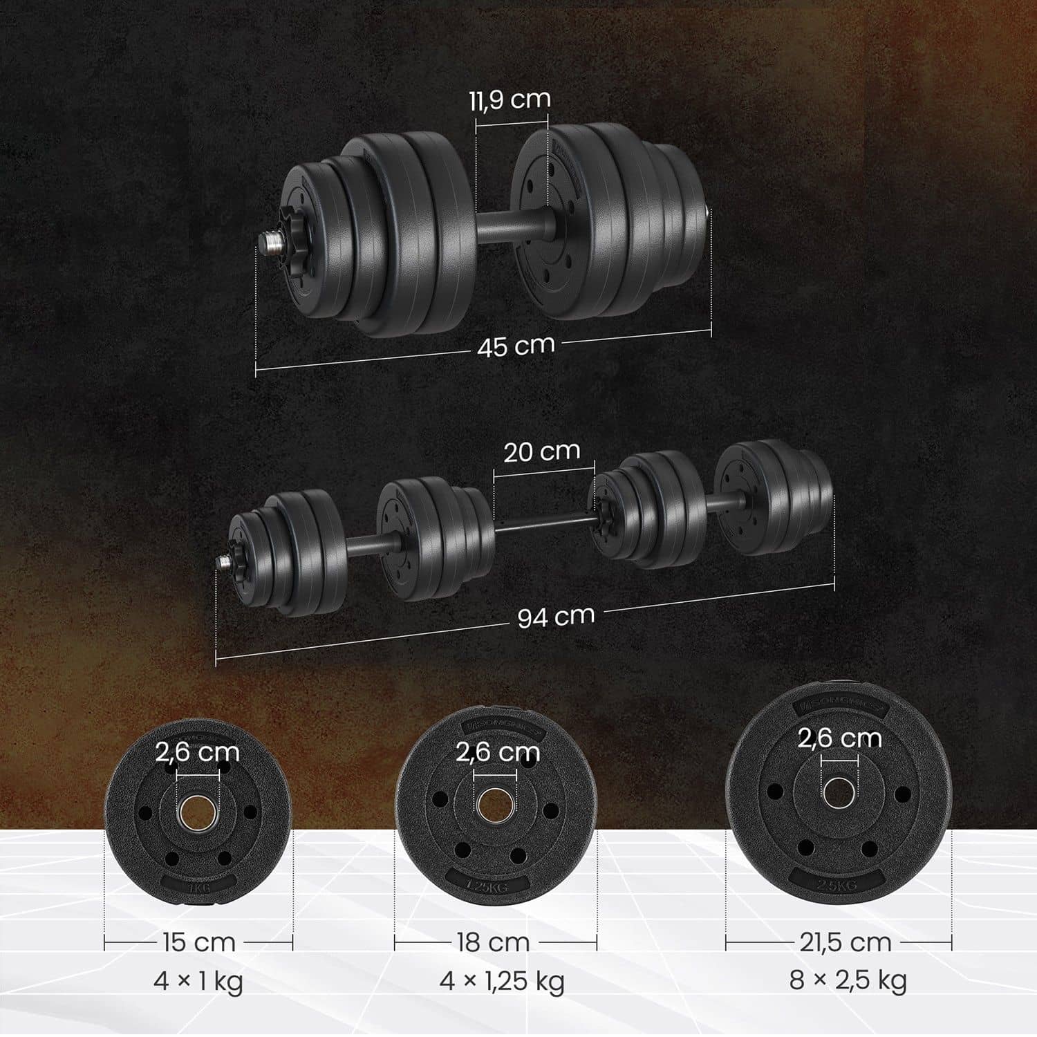 2-in-1-Hanteln, Hantelset mit Verbindungsstahlrohr, 2 x 15 kg, tintenschwarz 2-in-1-Hanteln, Hantelset mit Verbindungsstahlrohr, 2 x 15 kg, tintenschwarz