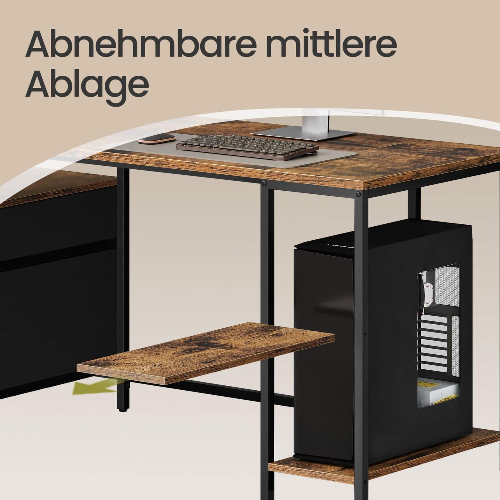 Computertisch mit 3 Ablagen und 2 Schubladen vintagebraun-schwarz