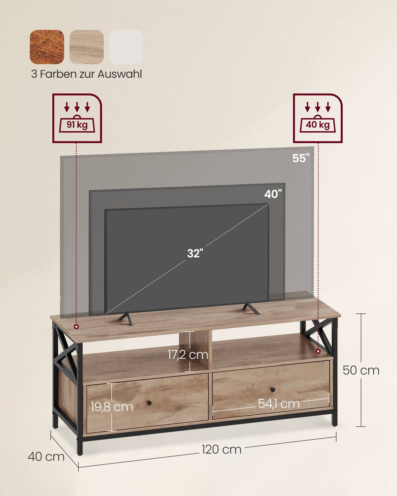 TV-Schrank 120 cm lang mit 2 Schubladen und 2 offenen Fächern-LTV300B50 TV-Schrank 120 cm lang mit 2 Schubladen und 2 offenen Fächern-LTV300B50