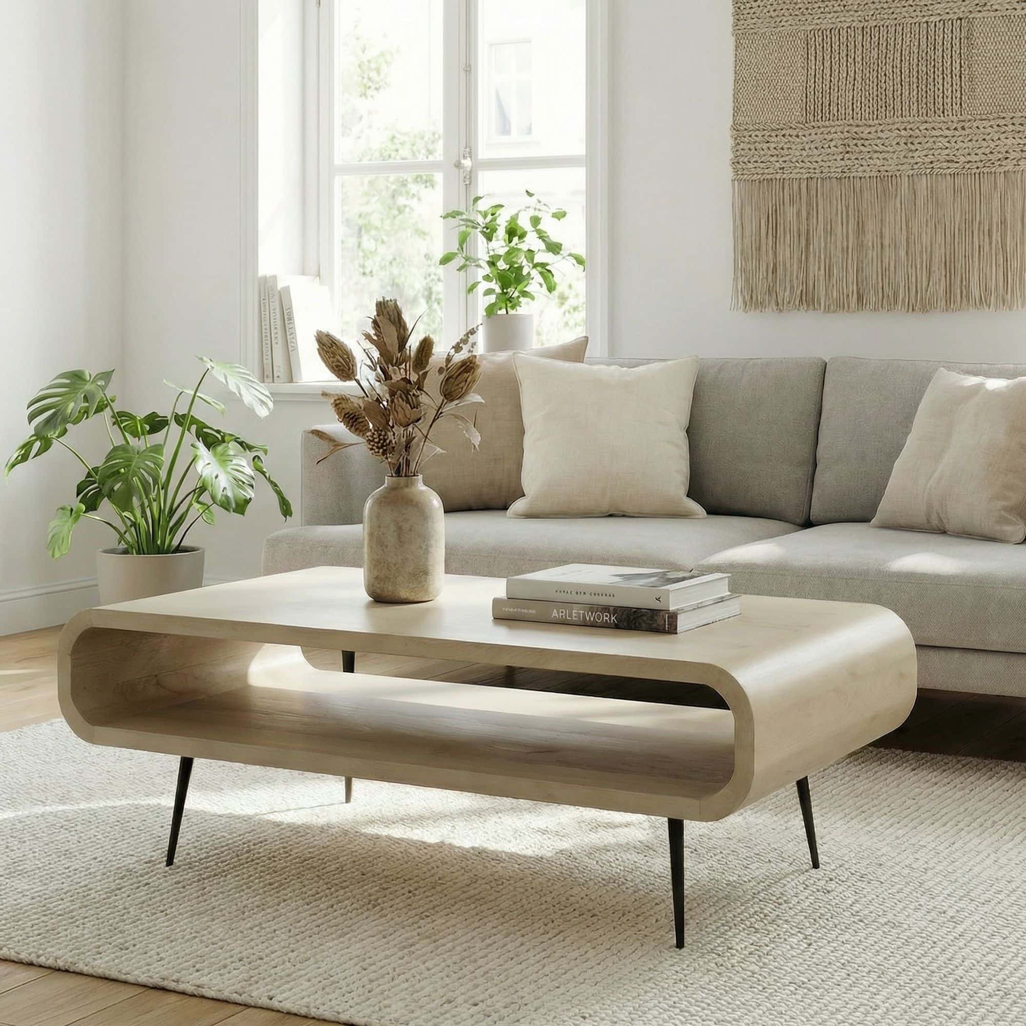 Couchtisch Mango Massivholz white wash 90cm - Design Wohnzimmertisch mit Metall Beine - Rechteckiger Sofatisch Ablage Retro - Loungetisch Holz - Natur Beistelltisch Handmade