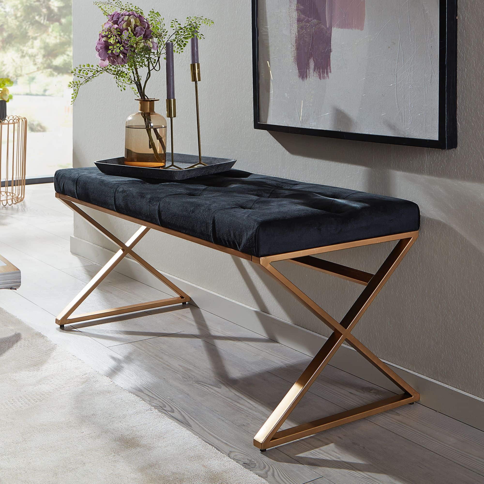 72436-Wohnling-Sitzbank-Schwarz-Gold-90x44x46-cm-WL6-617-3 Sitzbank Samt Schwarz 90x46x44 cm Flur Polsterbank mit Metallgestell