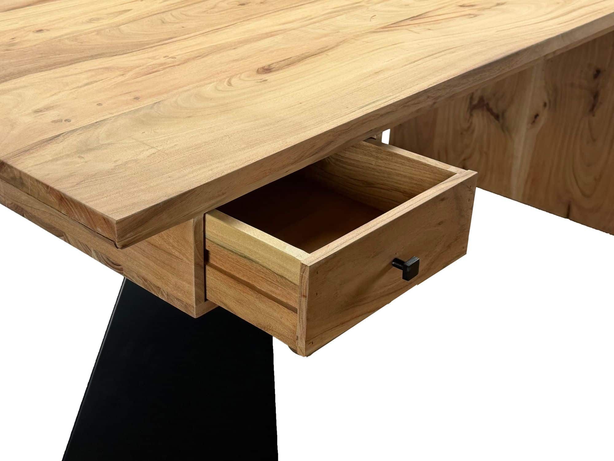 Schreibtisch aus Massivholz Akazie 180 x 90 cm rechteckig mit Schublade - Moderner massiver Bürotisch mit Metall - Natur Holztisch Industrial Design