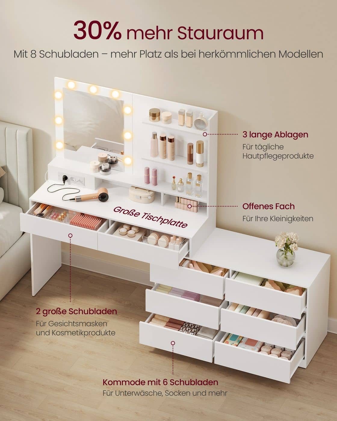 Kailyn Kollektion - Schminktisch mit Spiegel und LED-Beleuchtung Kailyn Kollektion - Schminktisch mit Spiegel und LED-Beleuchtung