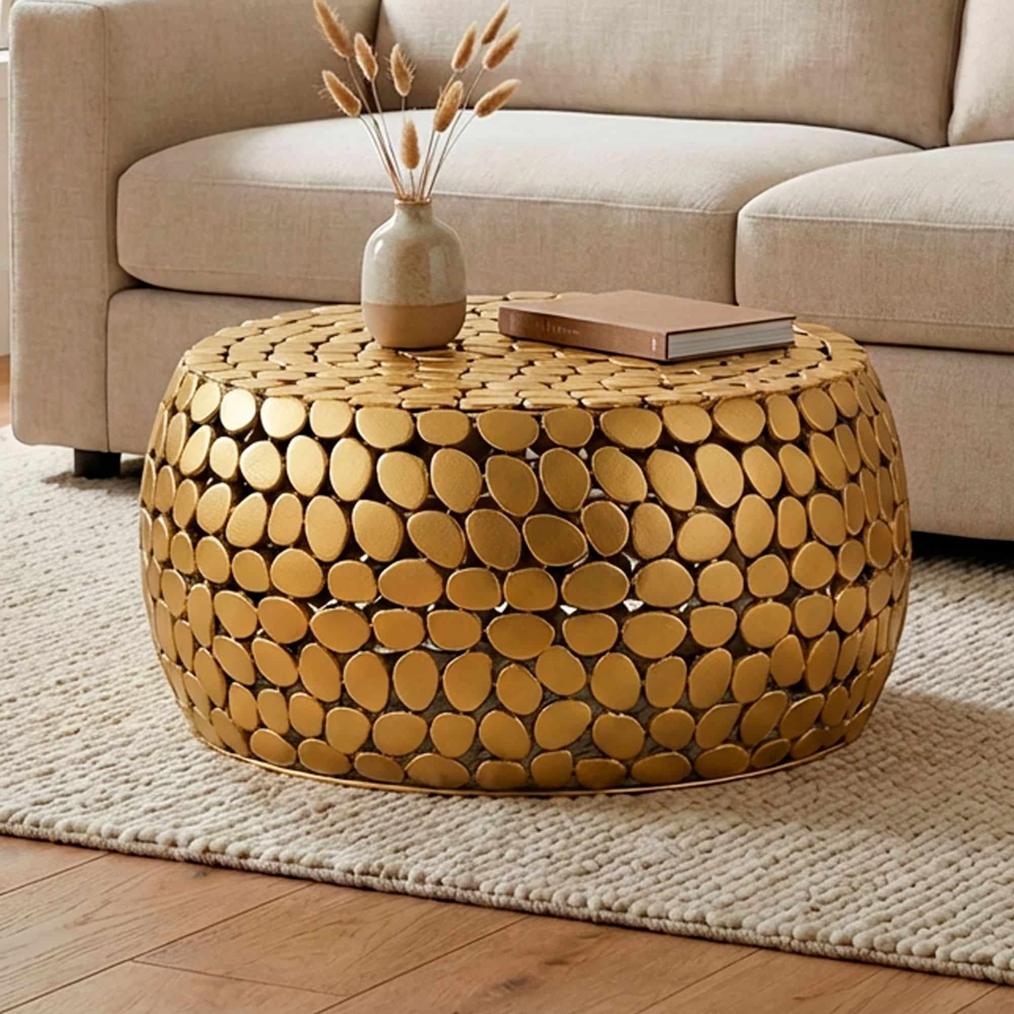 Couchtisch Aluminium gold rund 66x32 cm - Design Sofatisch Wohnzimmer - Moderner Wohnzimmertisch Metall - Runder Loungetisch - Alu Beistelltisch Handmade