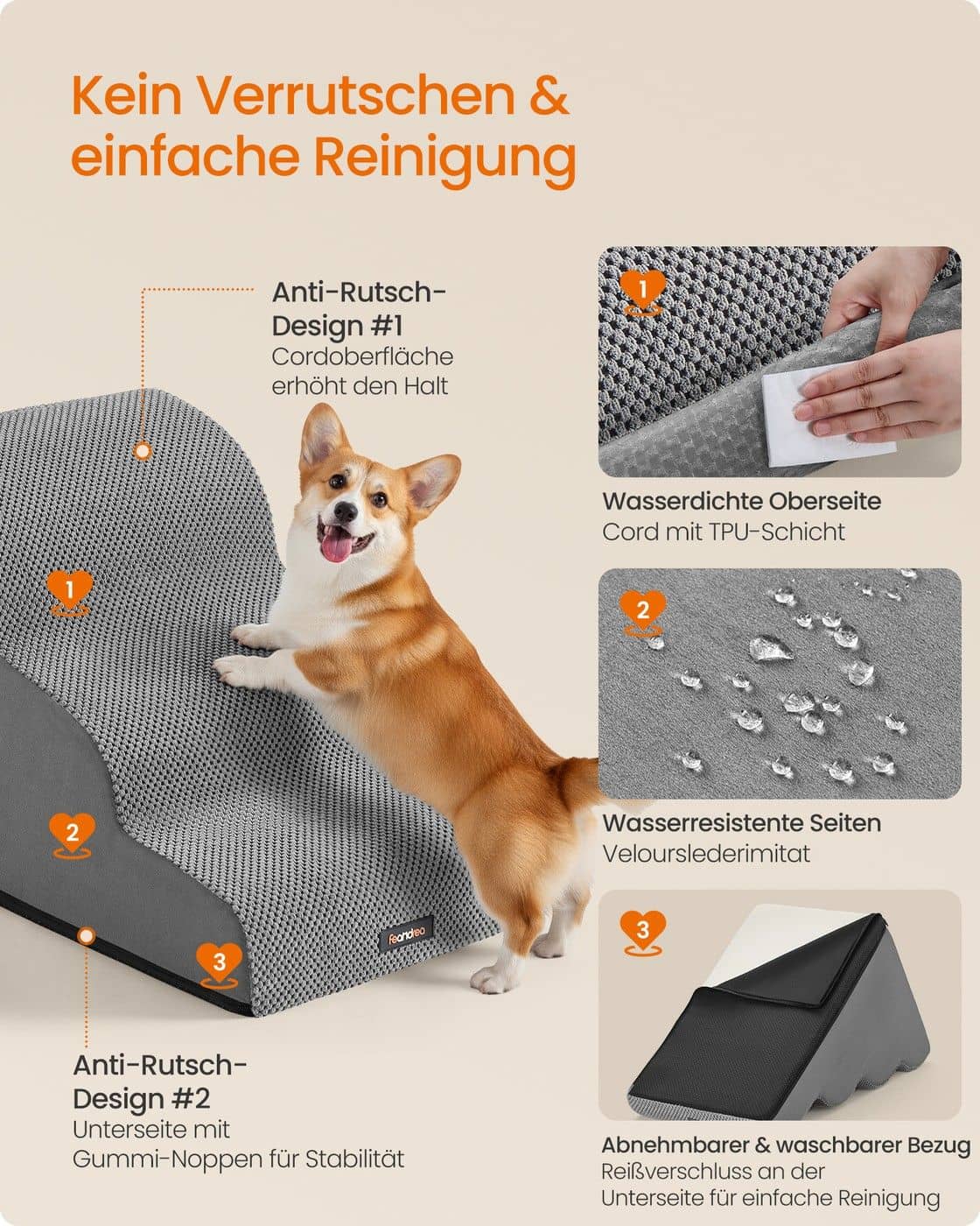 Hundetreppe mit rutschfestem Bezug und 3 Stufen