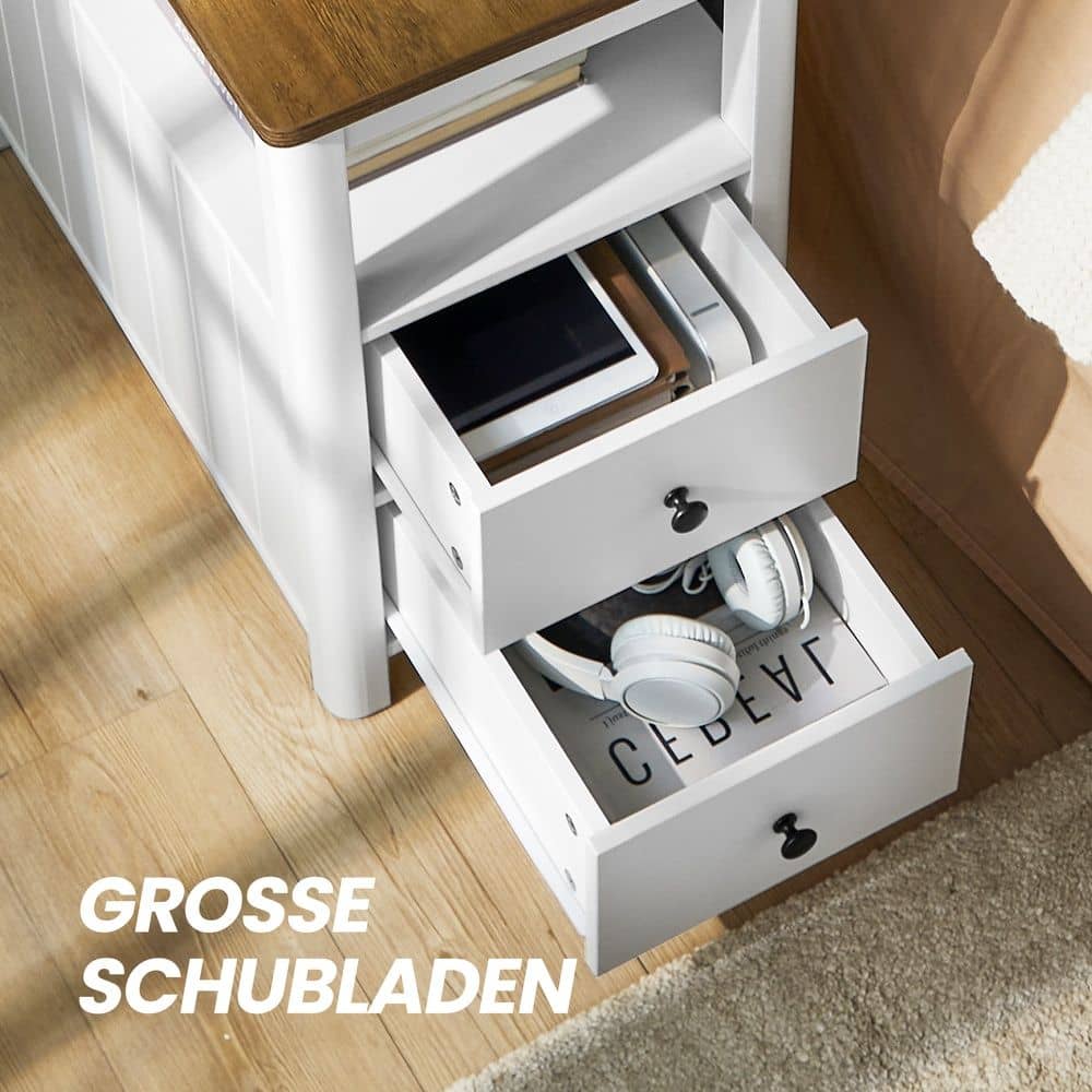 Beistelltisch, schmaler Nachttisch mit Steckdosenleiste, 2 Schubladen Beistelltisch, schmaler Nachttisch mit Steckdosenleiste, 2 Schubladen