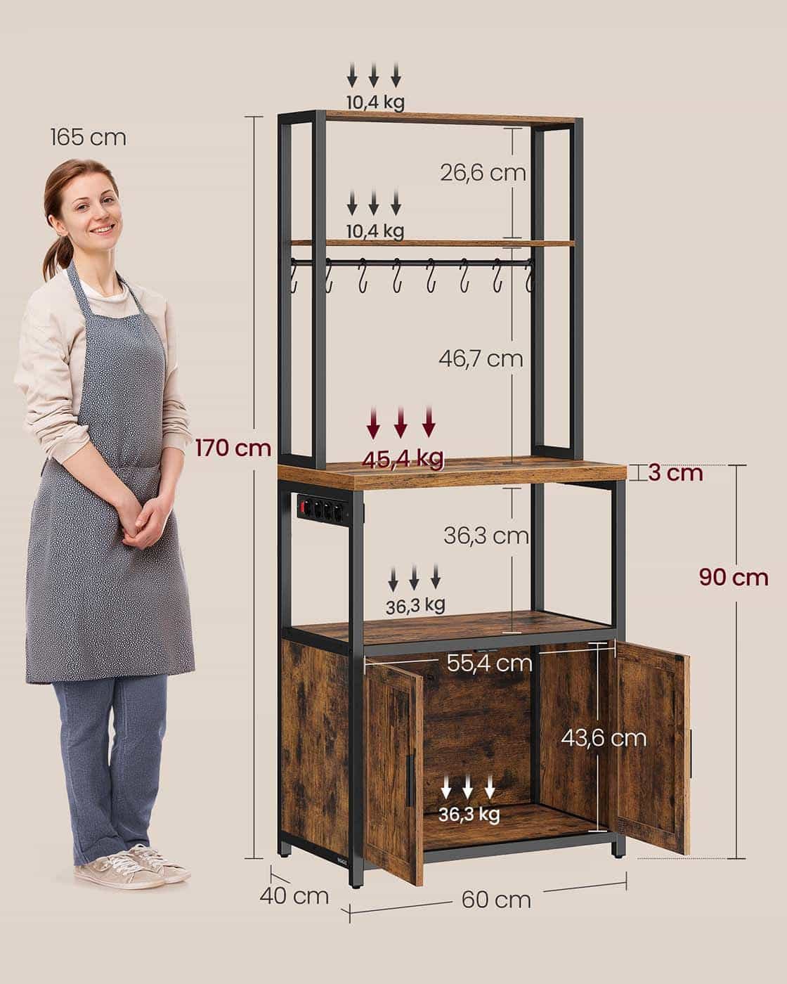 Küchenregal mit Steckdosen und Haken für praktische Aufbewahrung