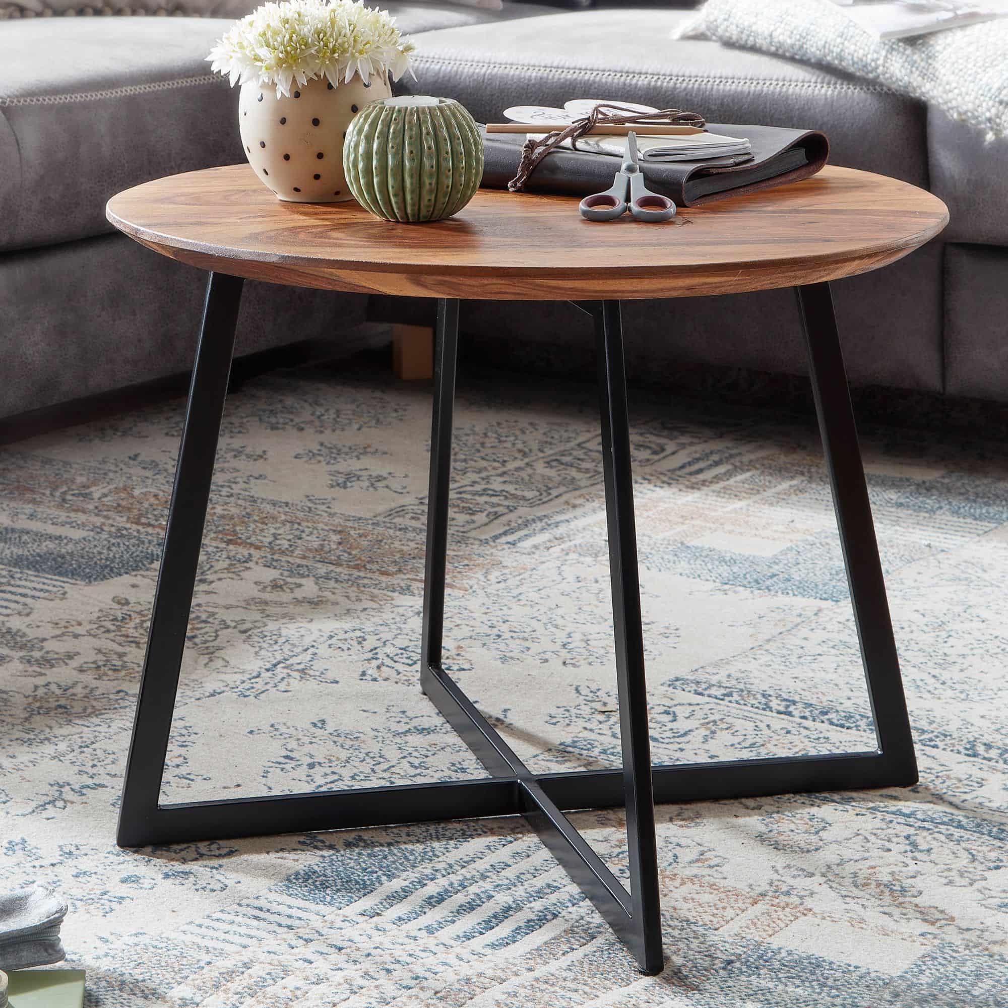 Couchtisch 60x60x45 cm Sheesham Massivholz / Metall Sofatisch Rund Couchtisch 60x60x45 cm Sheesham Massivholz / Metall Sofatisch Rund