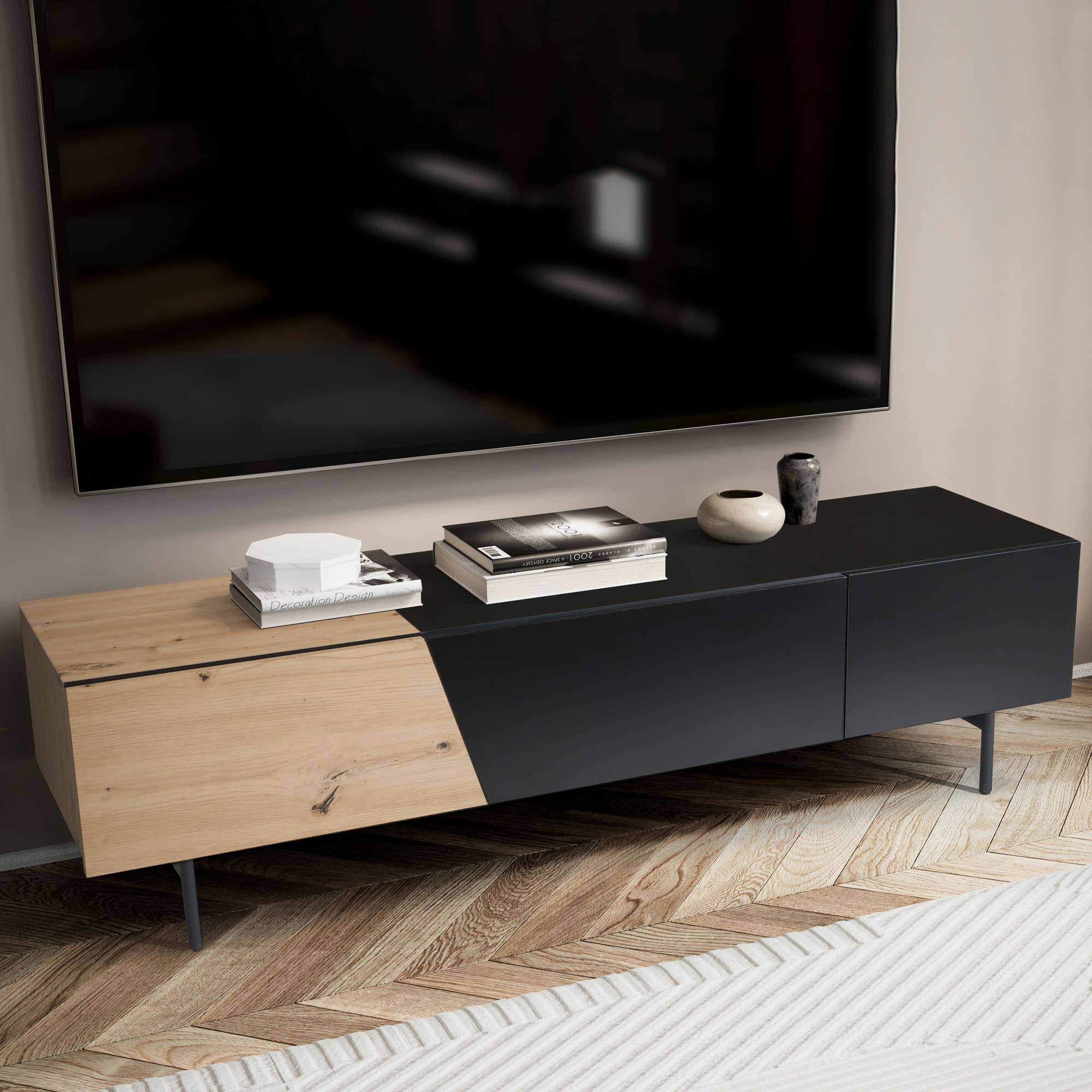 Lowboard Schwarz mit Eiche-Dekor 150x40x40 cm TV-Kommode Modern Lowboard Schwarz mit Eiche-Dekor 150x40x40 cm TV-Kommode Modern