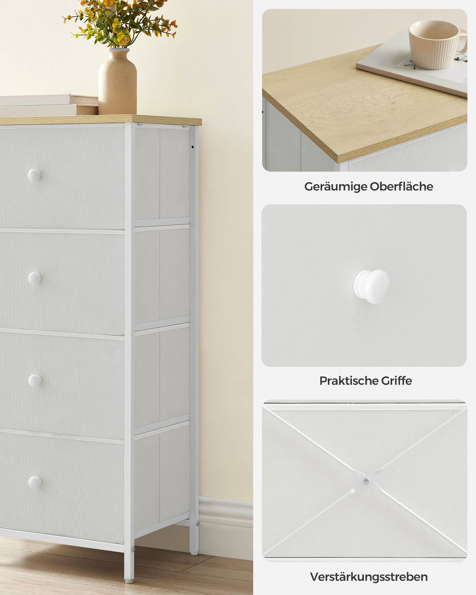 Kommode mit 4 Stoff-Schubladen und Metallrahmen weiß-eichenfarben Kommode mit 4 Stoff-Schubladen und Metallrahmen weiß-eichenfarben