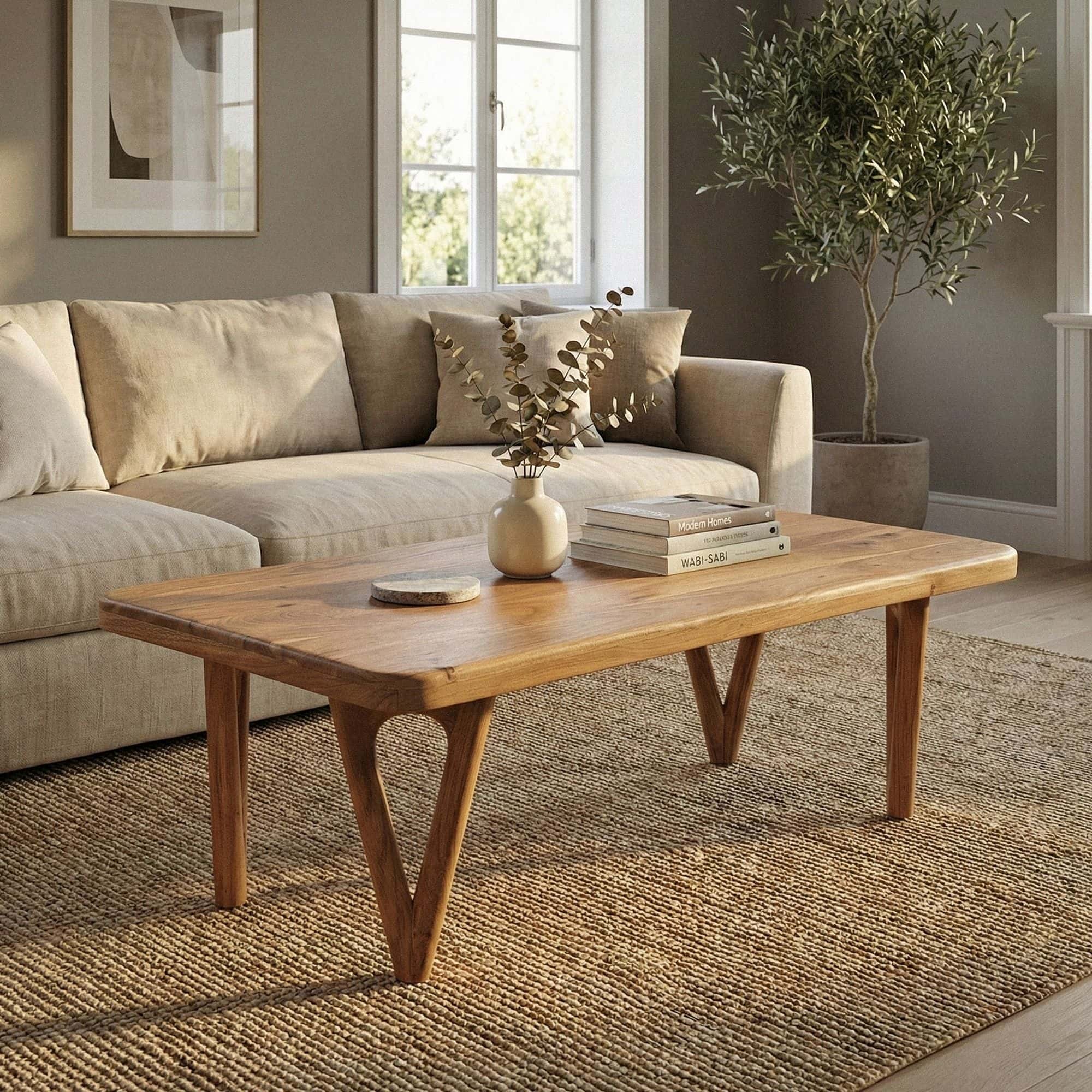 Couchtisch Akazie Massivholz 120cm - Wohnzimmertisch Rechteckig - Sofatisch Holz Modern - Design Loungetisch mit abgerundeten Ecken Landhaus Handmade Couchtisch Akazie Massivholz 120cm - Wohnzimmertisch Rechteckig - Sofatisch Holz Modern - Design Loungetisch mit abgerundeten Ecken Landhaus Handmade