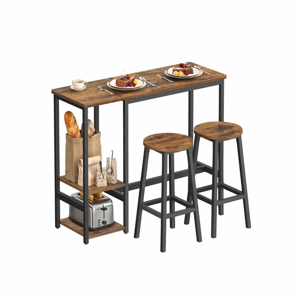 Bartisch Set mit Barhockern und praktischem Aufbewahrungsregal vintagebraun-schwarz Bartisch Set mit Barhockern und praktischem Aufbewahrungsregal vintagebraun-schwarz