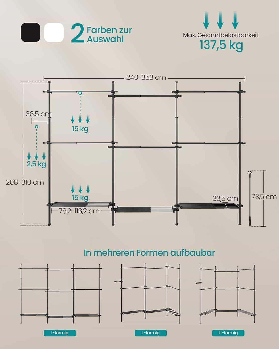 Teleskop-Kleiderstangen mit 6 Stangen und 3 Ablagen mattschwarz Teleskop-Kleiderstangen mit 6 Stangen und 3 Ablagen mattschwarz