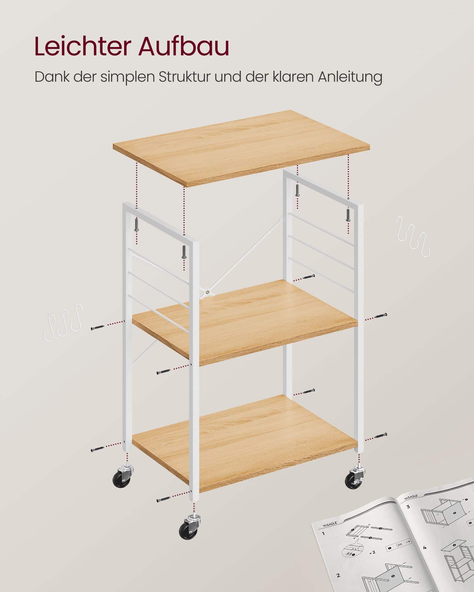 VASAGLE Küchenregal Rollen Goldeiche-Wolkenweiß