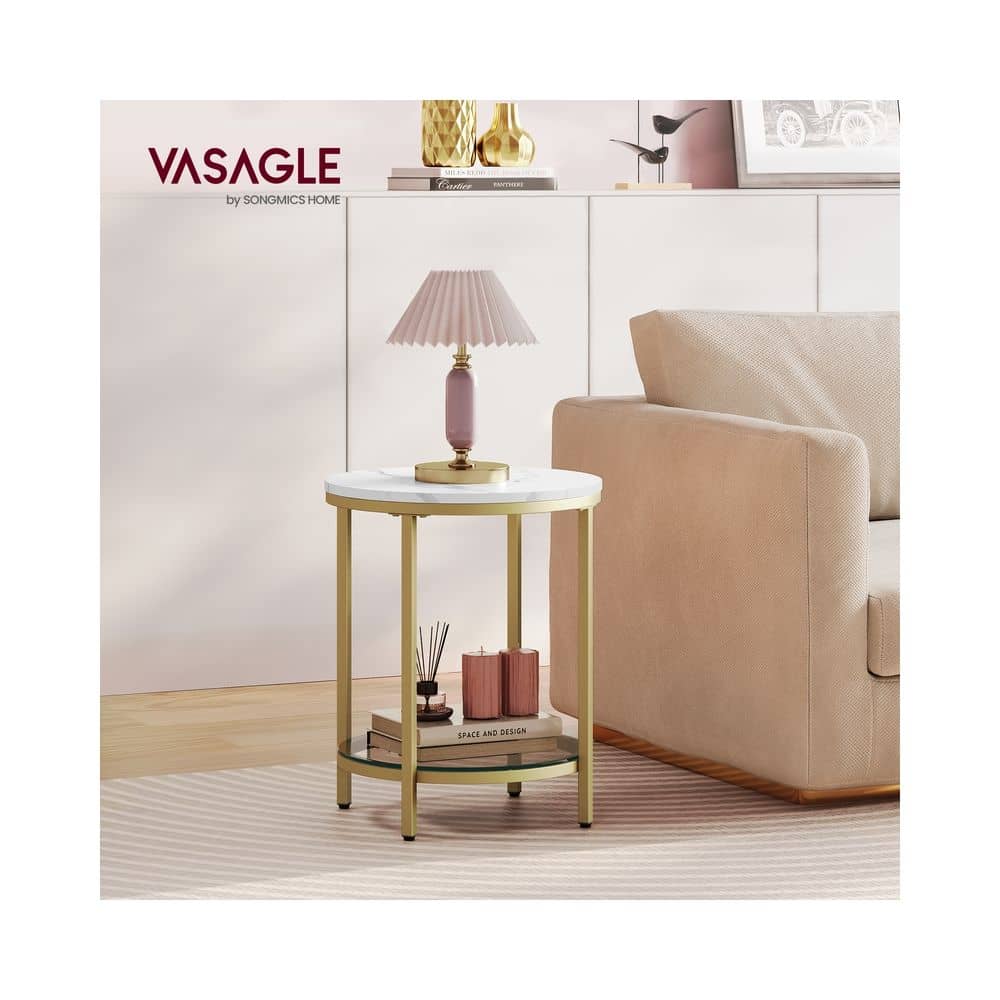 Beistelltisch 2 Ebenen in weißer Marmoroptik mit schwarzem Gestell Marmorweiß-Helles Gold Beistelltisch 2 Ebenen in weißer Marmoroptik mit schwarzem Gestell Marmorweiß-Helles Gold