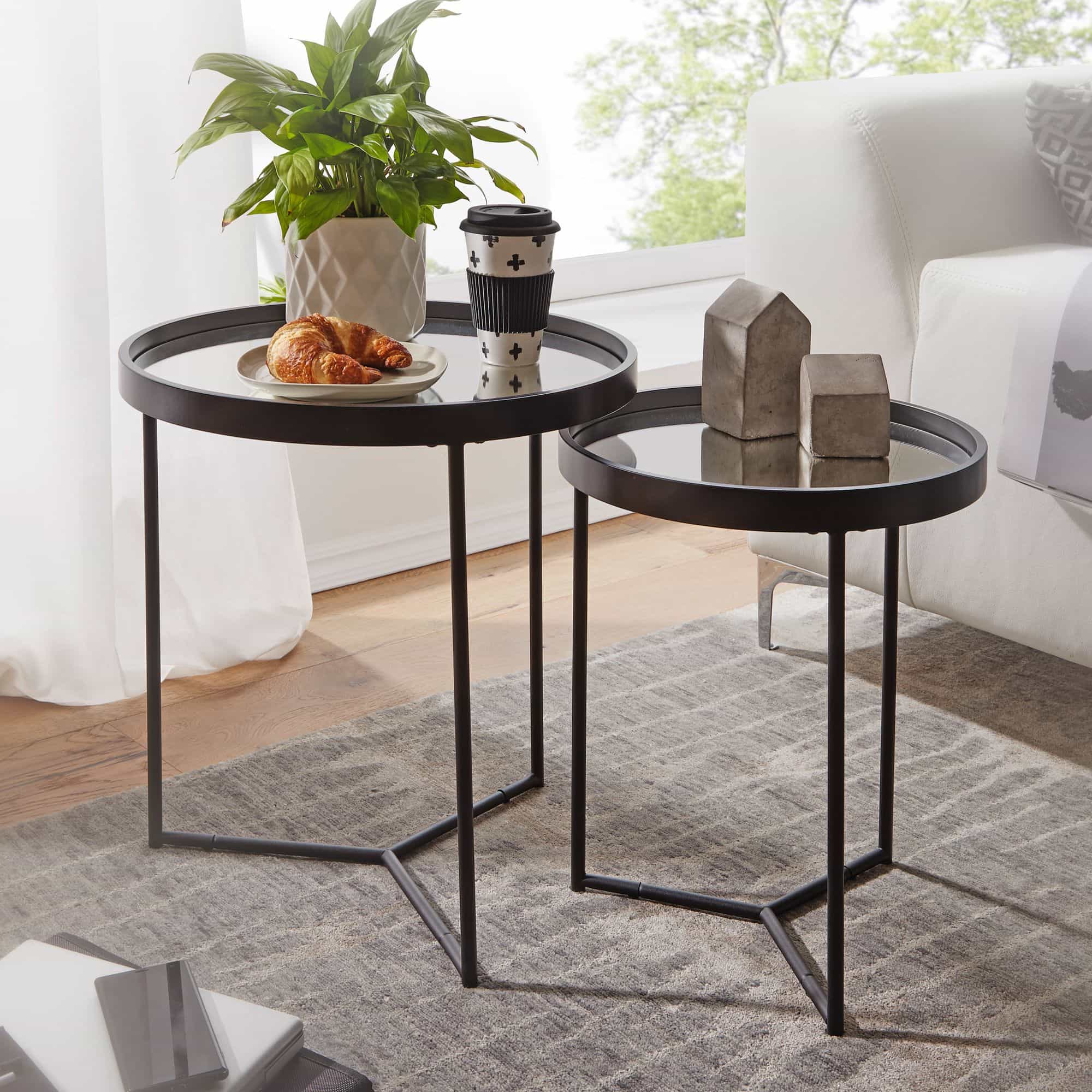 52227-WOHNLING-Beistelltisch-2er-Set-WL6-006-Satztisch-Metall-Schwarz-Verspiegelt-50-36-cm-Wohnzimmertisch-Rund Design Beistelltisch Rund Ø 50/36 cm - 2 teilig Schwarz mit Spiegel Glasplatte