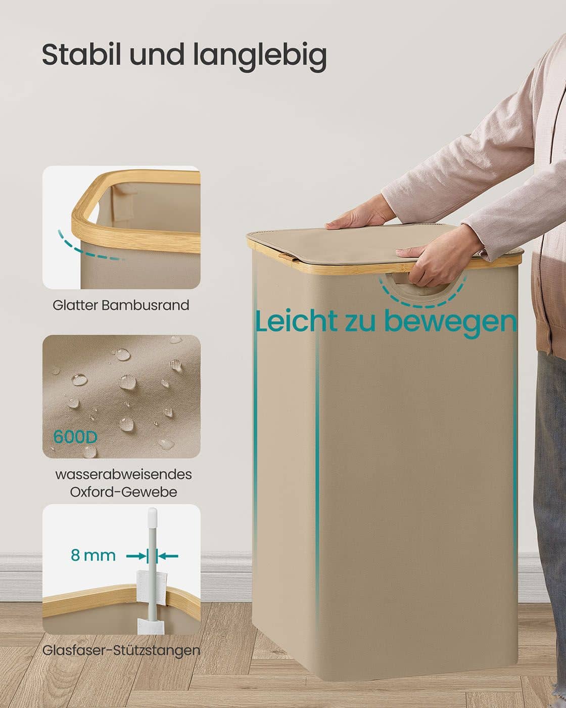 Wäschekorb 150 L mit Deckel und 3 Fächern 60 x 38,5 x 70,5 cm kamelbraun Wäschekorb 150 L mit Deckel und 3 Fächern 60 x 38,5 x 70,5 cm kamelbraun
