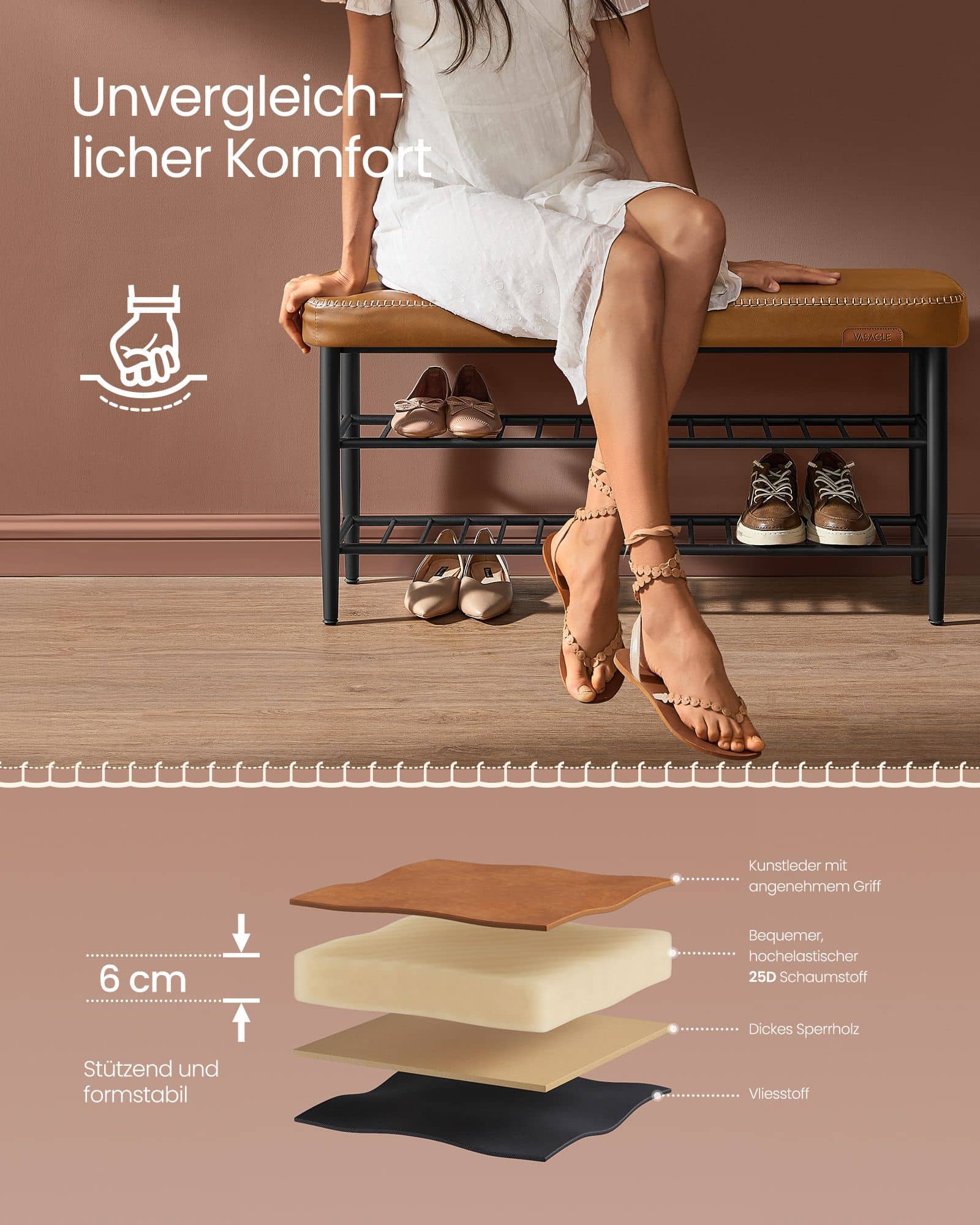 EKHO Kollektion Schuhbank mit Nähten 30 x 100 x 50 cm karamellbraun